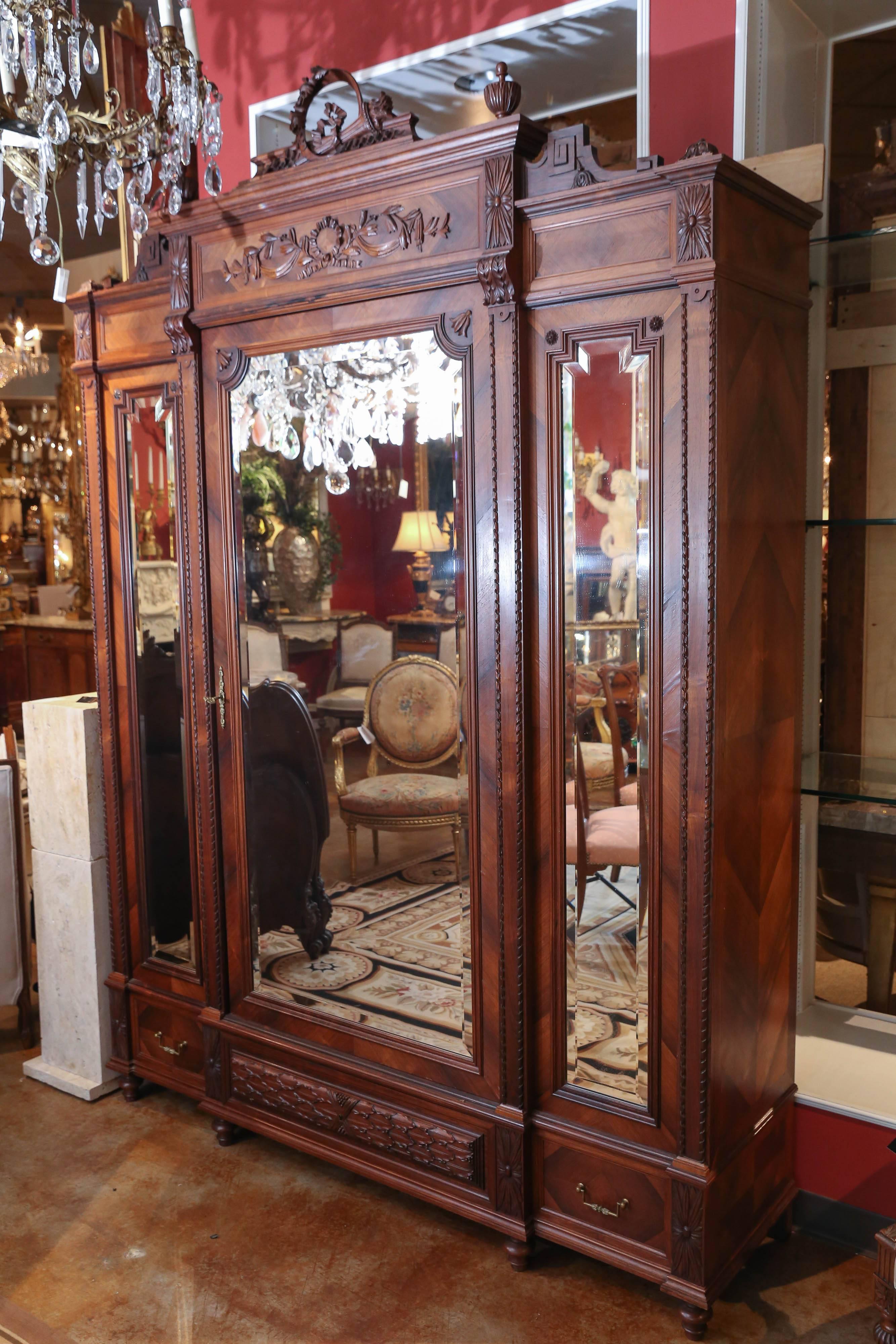 French Walnut Louis XVI Style Armoire with Three Mirrors 19th Century 1