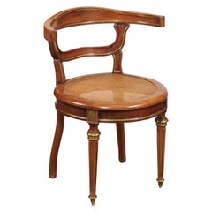French Walnut Louis XVI Style brass Inlaid Caned Tub Chair, Early 19th Century