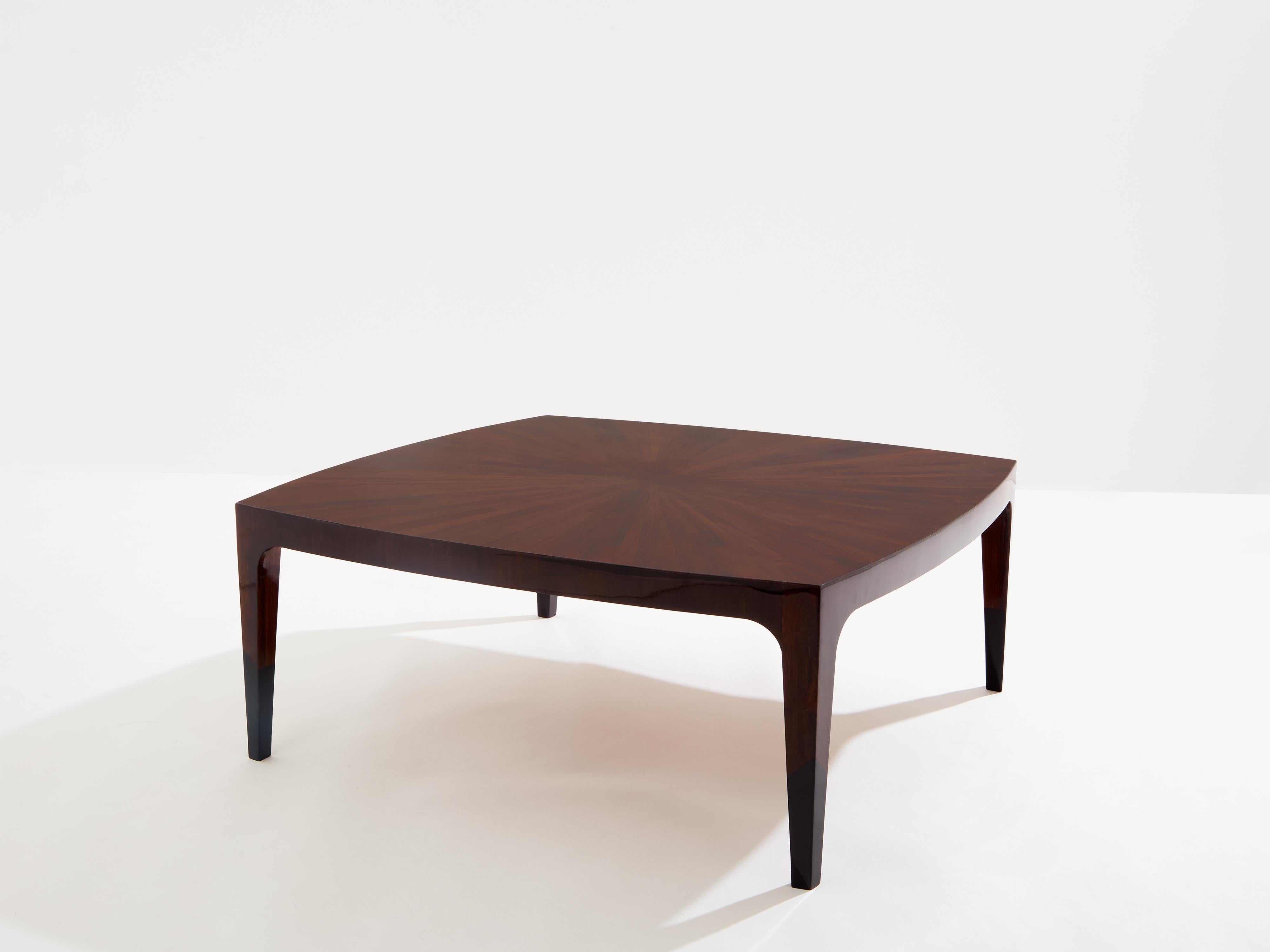 Mid-Century Modern French walnut marquetry square coffee table 1970 For Sale
