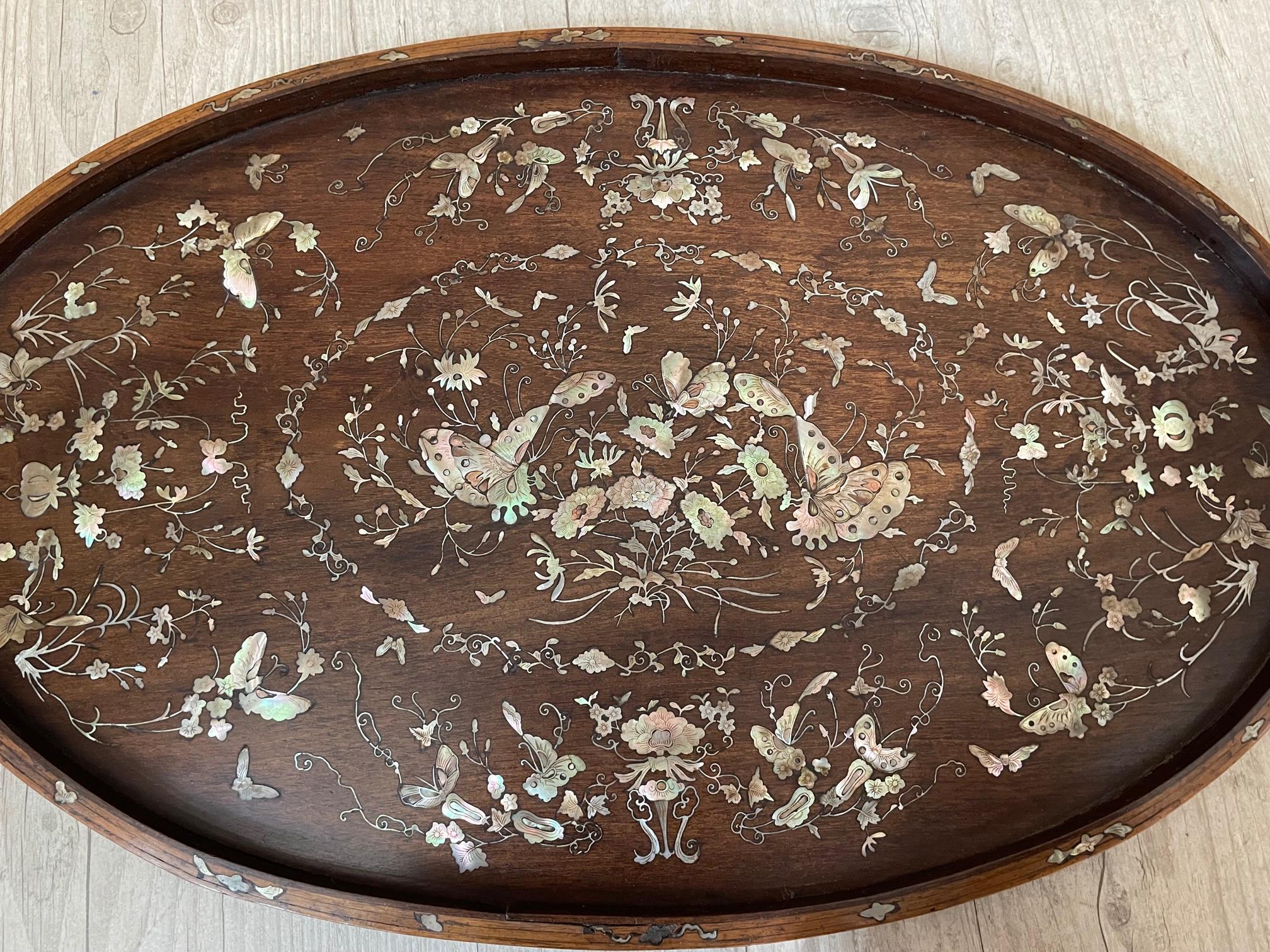 French Walnut Napoleon III Period Mother-of-Pearl Inlay Oval Tray 7