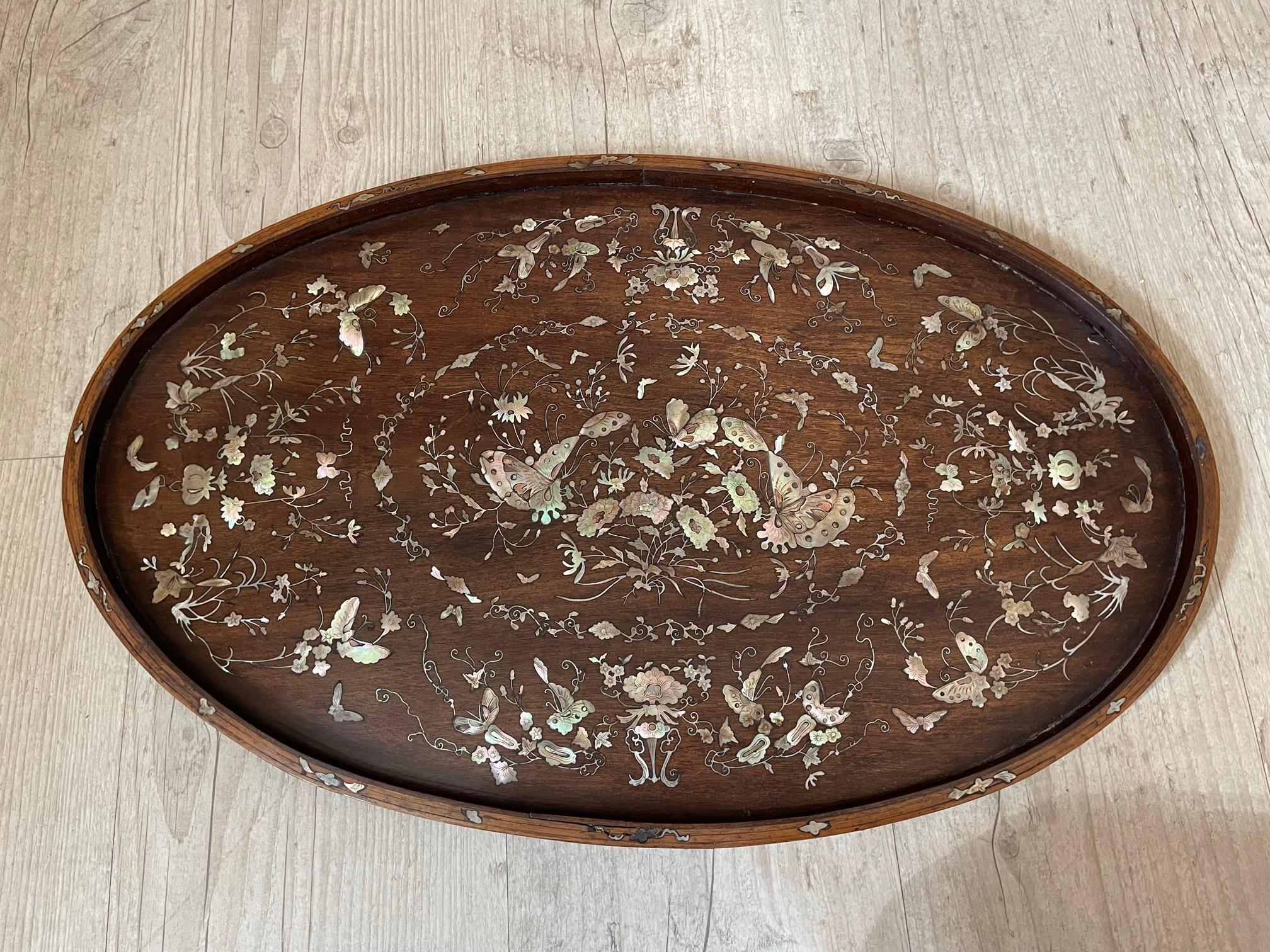 French Walnut Napoleon III Period Mother-of-Pearl Inlay Oval Tray 8