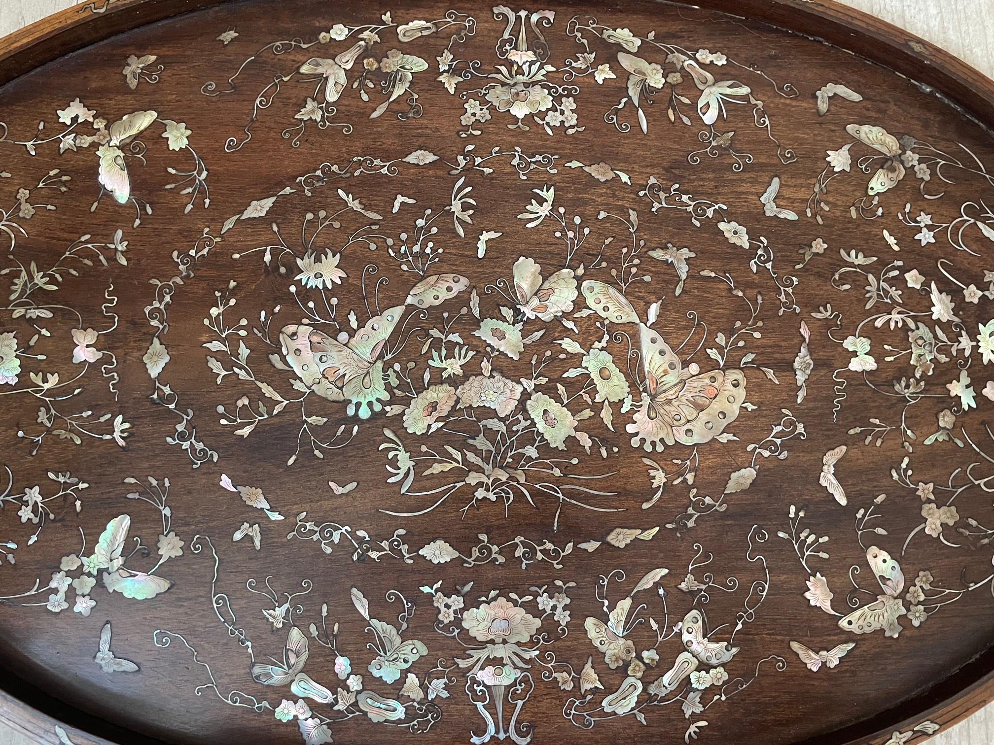 Late 19th Century French Walnut Napoleon III Period Mother-of-Pearl Inlay Oval Tray