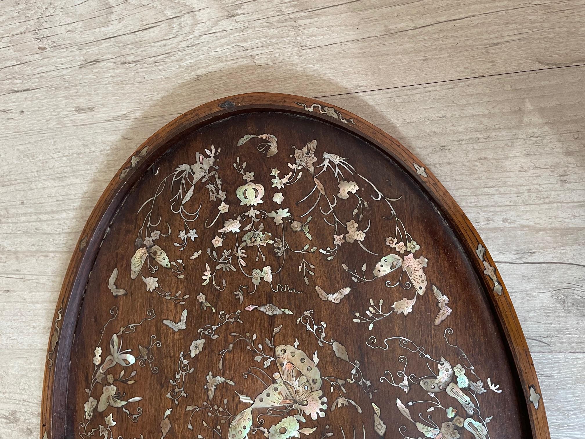 French Walnut Napoleon III Period Mother-of-Pearl Inlay Oval Tray 3
