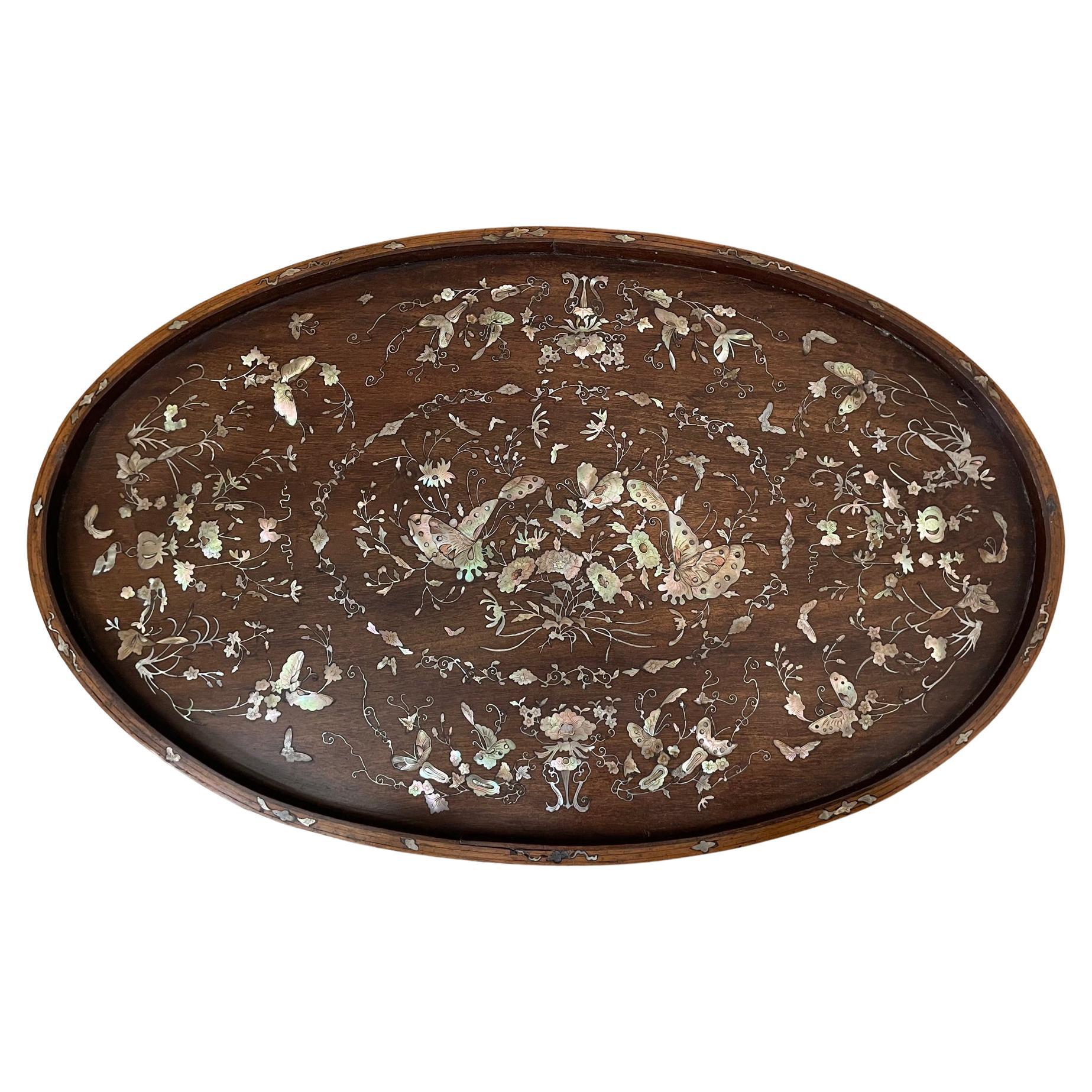 French Walnut Napoleon III Period Mother-of-Pearl Inlay Oval Tray