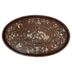 French Walnut Napoleon III Period Mother-of-Pearl Inlay Oval Tray