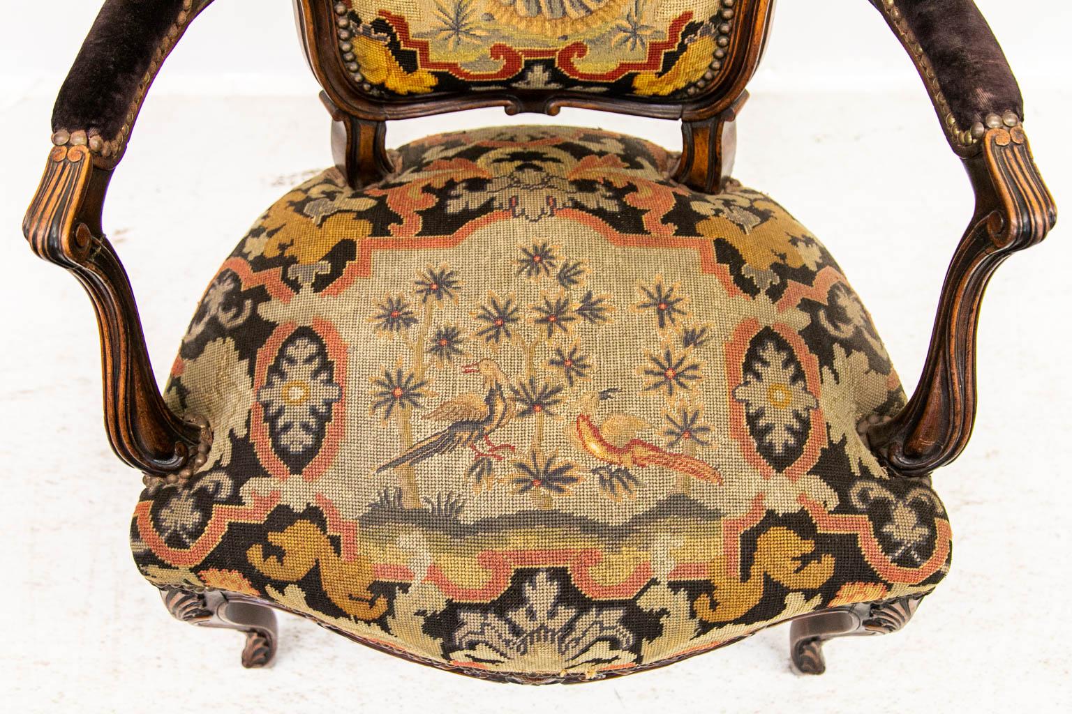 French Walnut Needlepoint Armchair In Good Condition For Sale In Wilson, NC