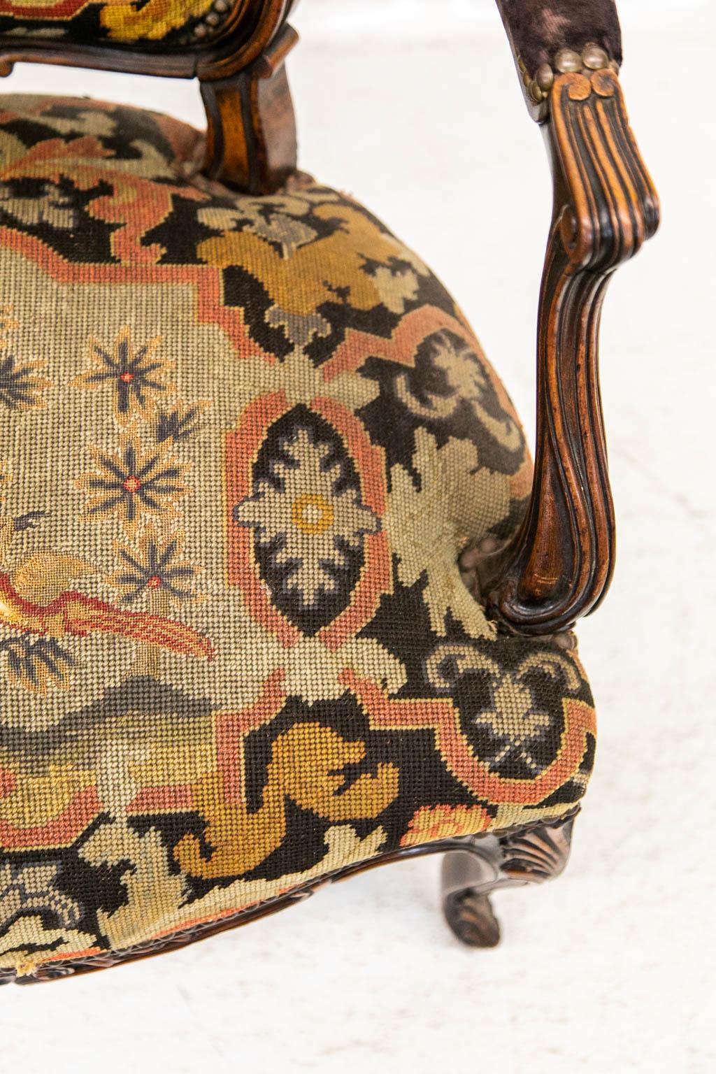 Fabric French Walnut Needlepoint Armchair For Sale