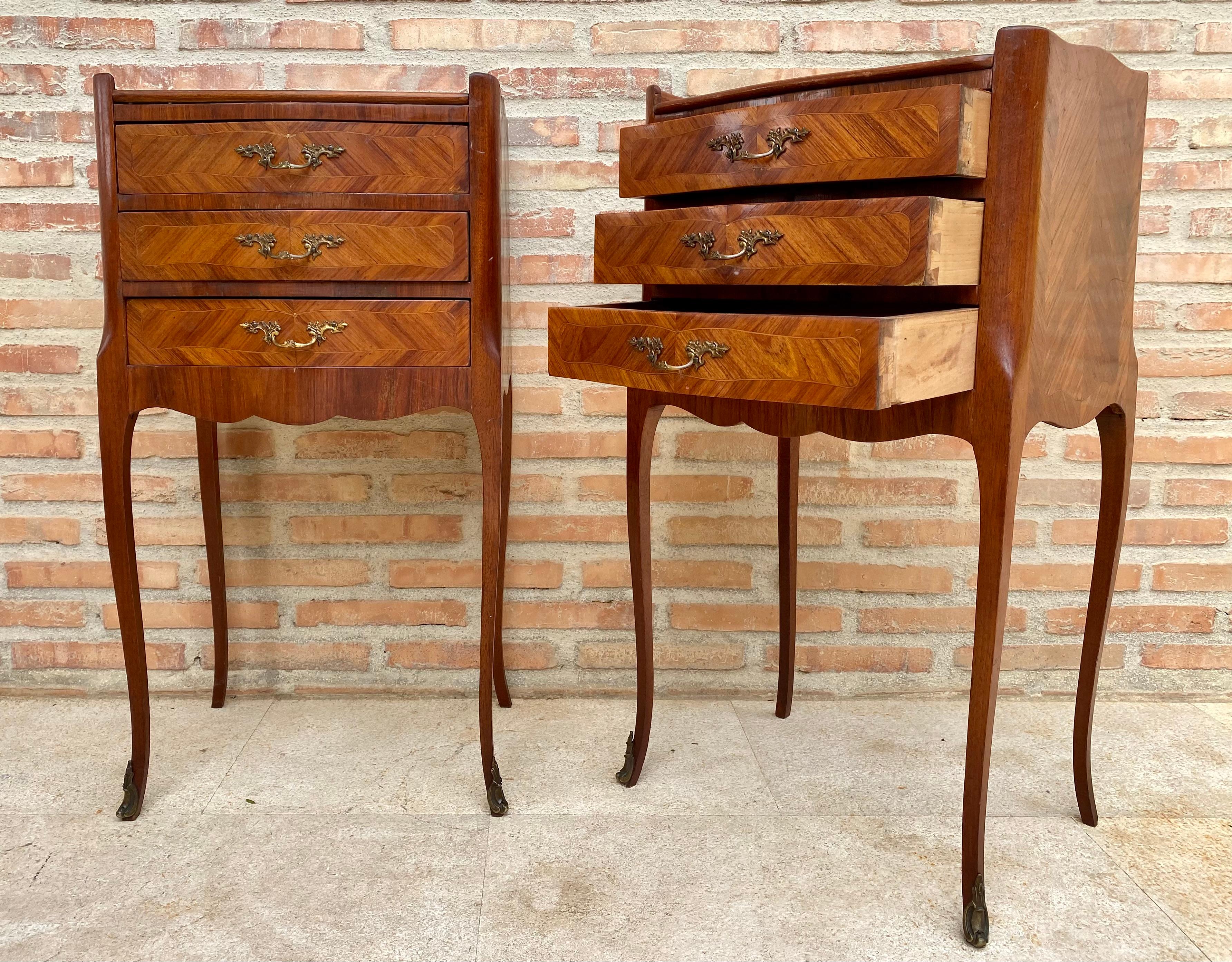 French Provincial French Walnut Nightstands with Three Drawers, 1940s, Set of 2