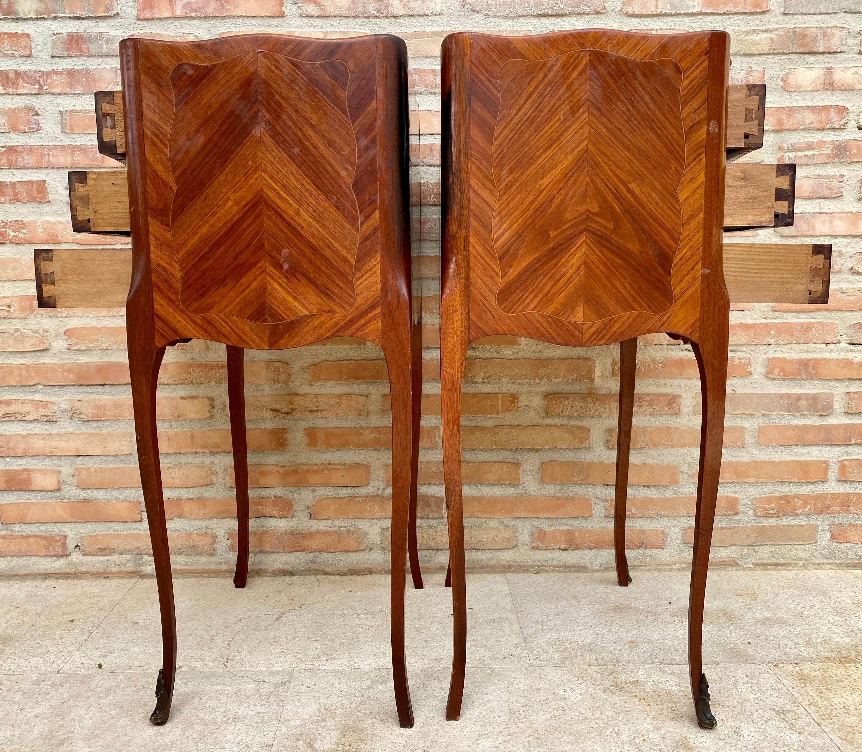 20th Century French Walnut Nightstands with Three Drawers, 1940s, Set of 2