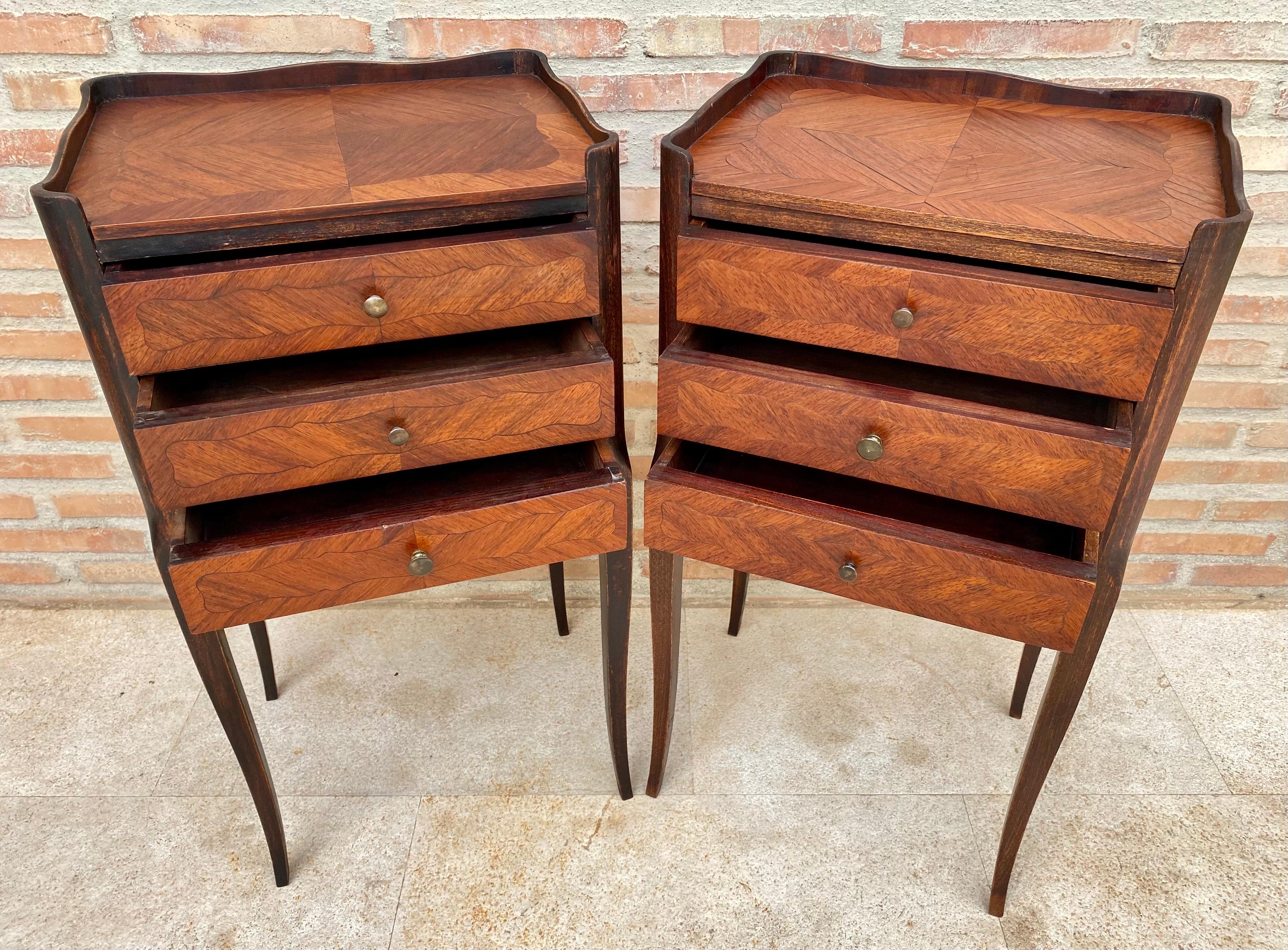 20th Century French Walnut Nightstands with Three Drawers, 1940s, Set of 2