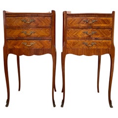 French Walnut Nightstands with Three Drawers, 1940s, Set of 2