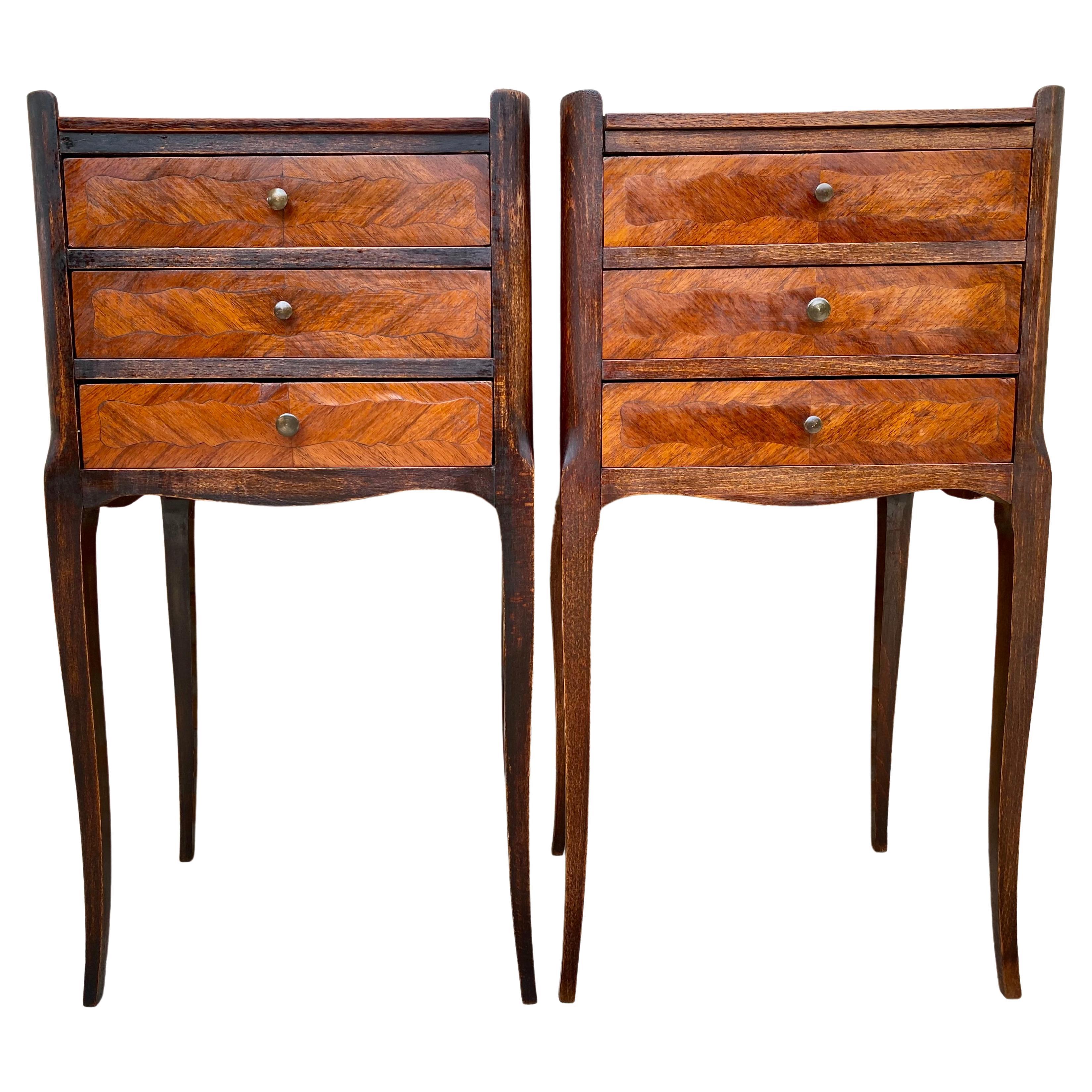 French Walnut Nightstands with Three Drawers, 1940s, Set of 2
