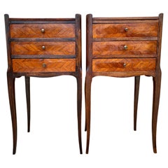 French Walnut Nightstands with Three Drawers, 1940s, Set of 2