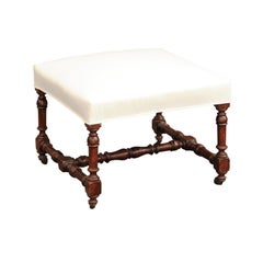 French Walnut Ottoman from the 1870s with Turned Legs and Newly Upholstered Seat