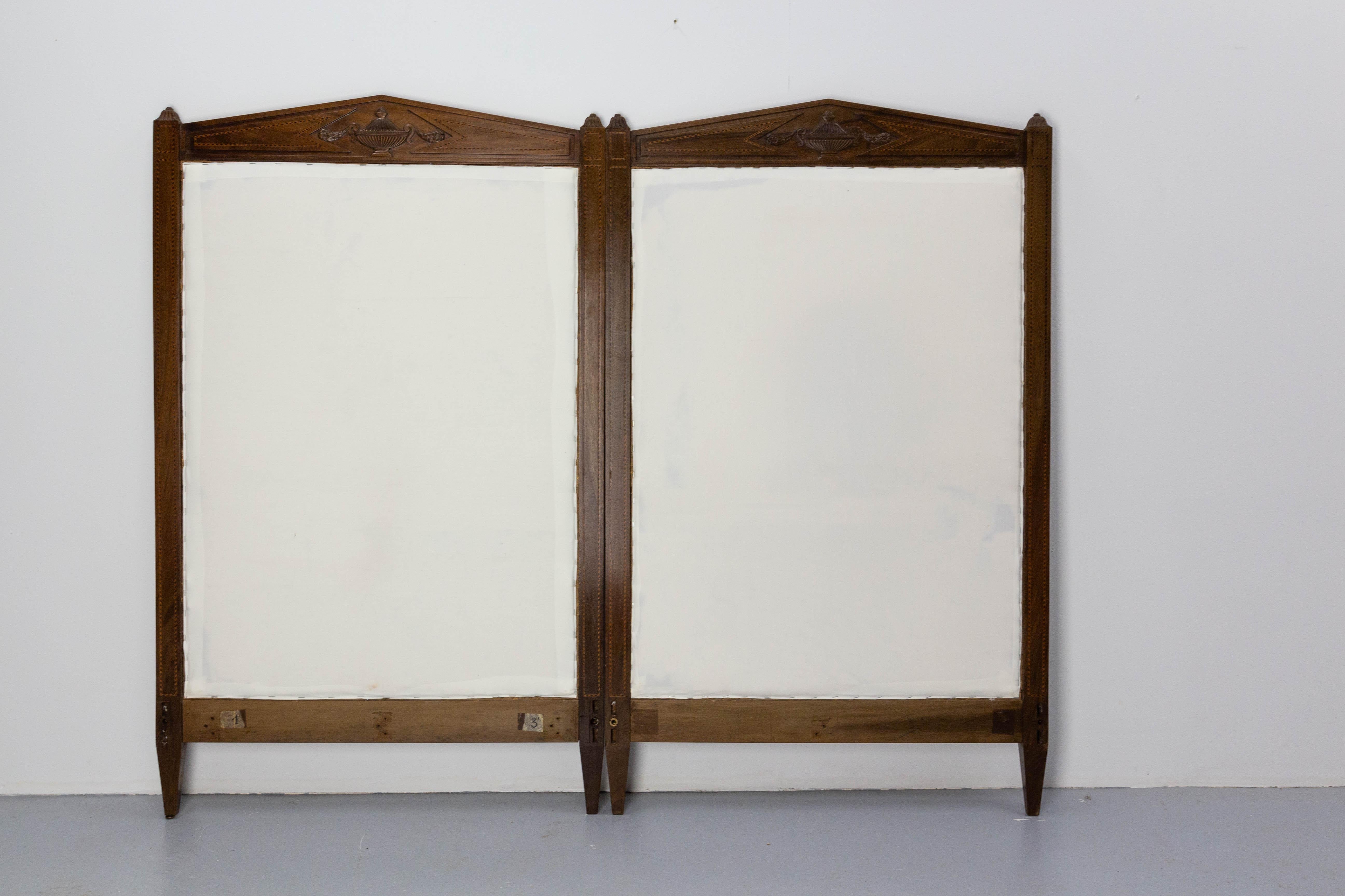 Walnut pair of headboards from the Directoire Period (with period follows the Revolution Period)
French, circa 1800
Very nice marquetry work
The upholstery is ready to be recovered.
Good antique condition with minor signs of use.

Shipping:
8