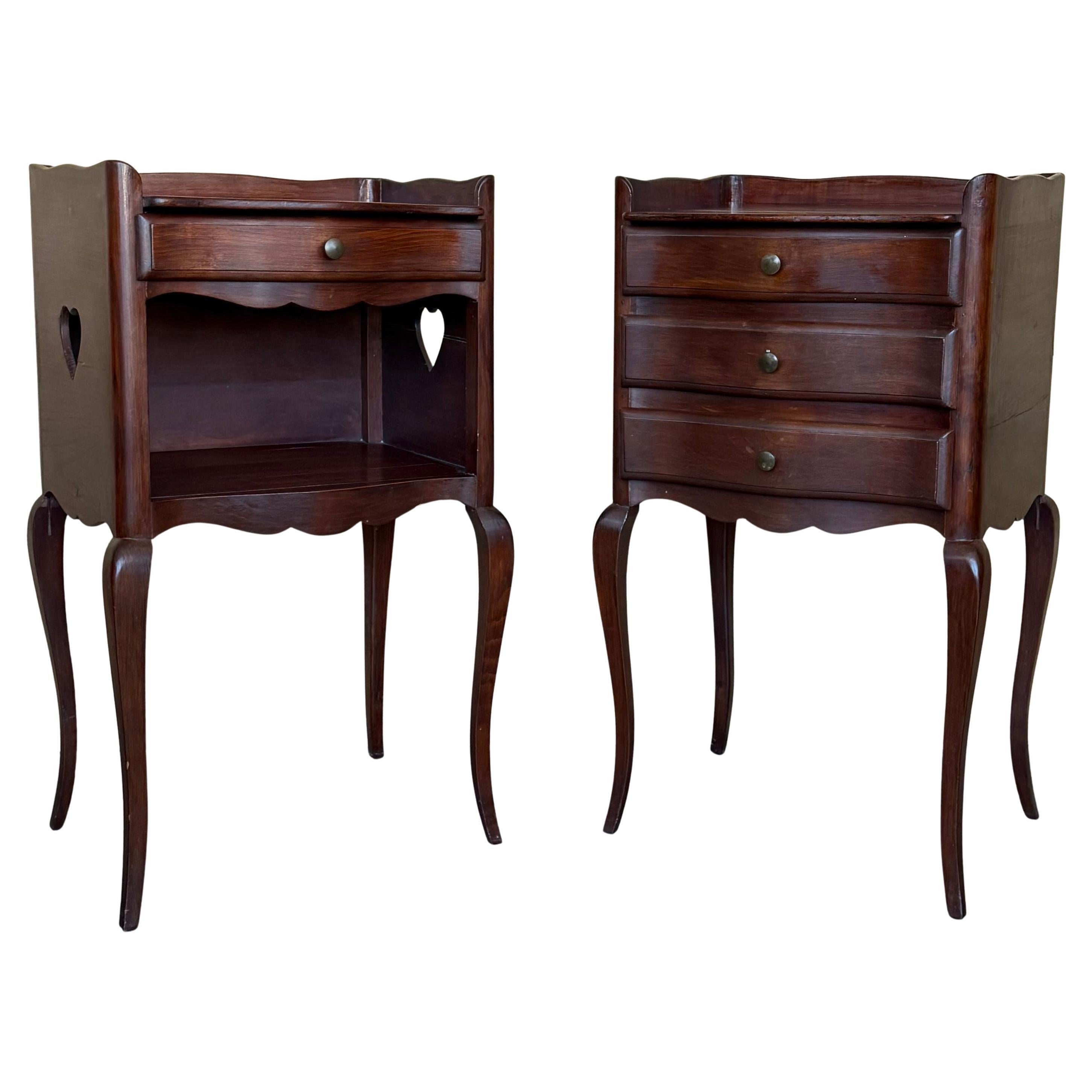 French Walnut Pair of Nightstands with Heart Open Shelf / Three Drawers For Sale