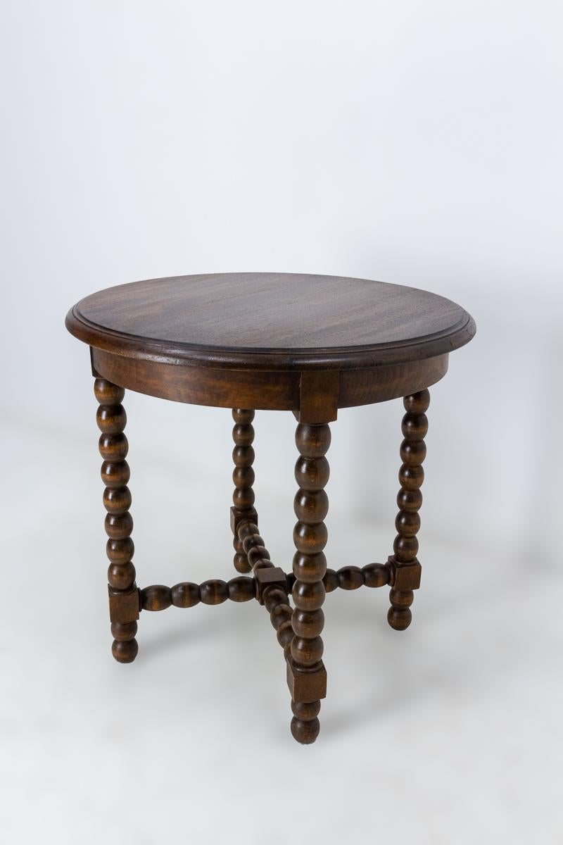 Mid-Century Modern French Walnut Round Side Table or End Table Turned Legs, circa 1940