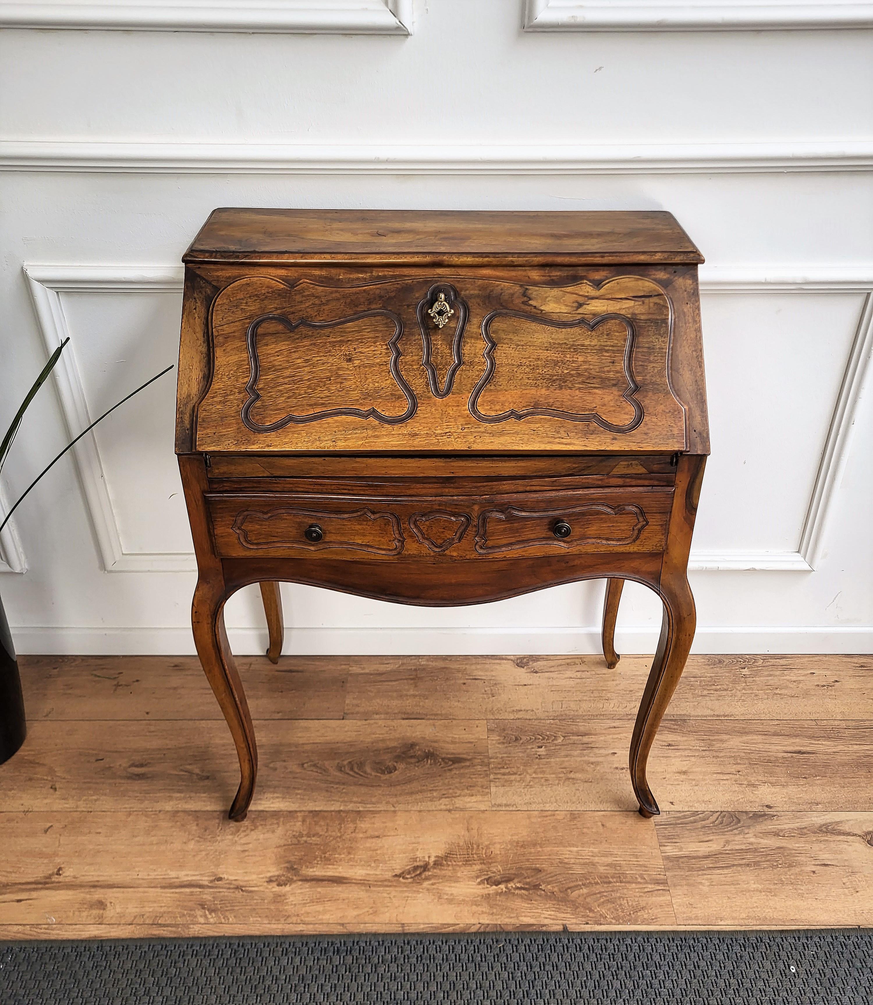 Brass French Walnut Secretary Slant Front Desk Writing Table For Sale