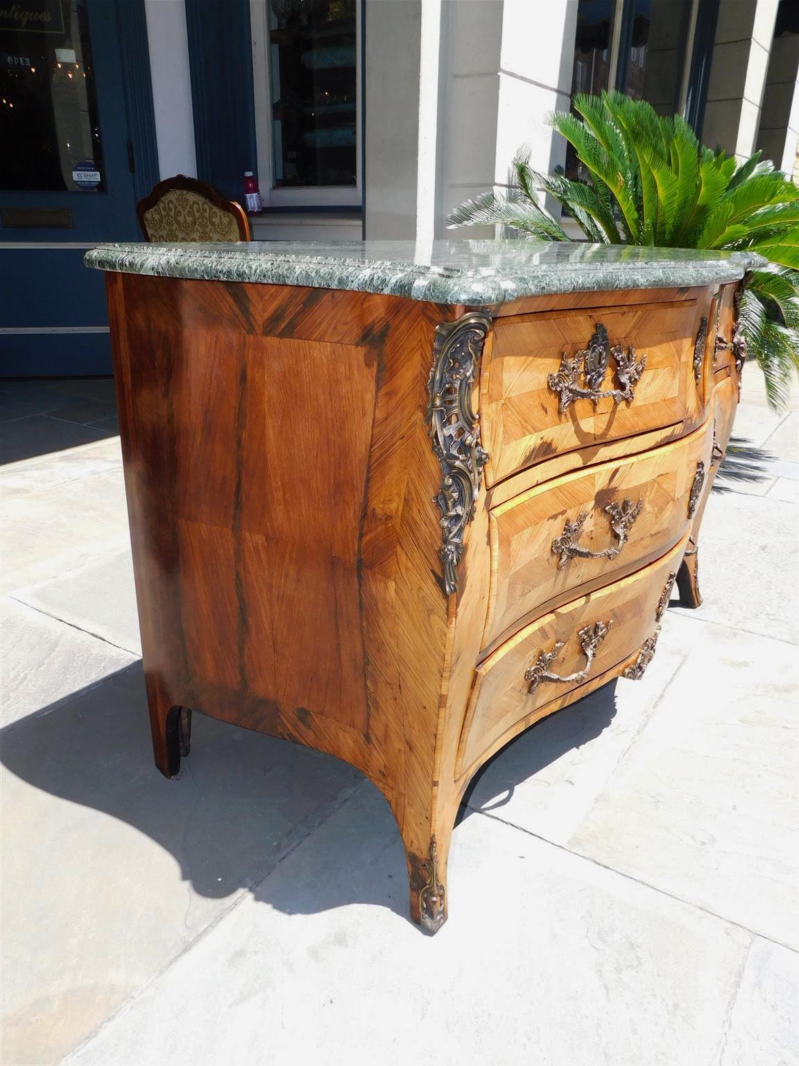Hand-Carved French Walnut Serpentine Ormolu & Marble Top Chest of Drawers , Circa 1760 For Sale