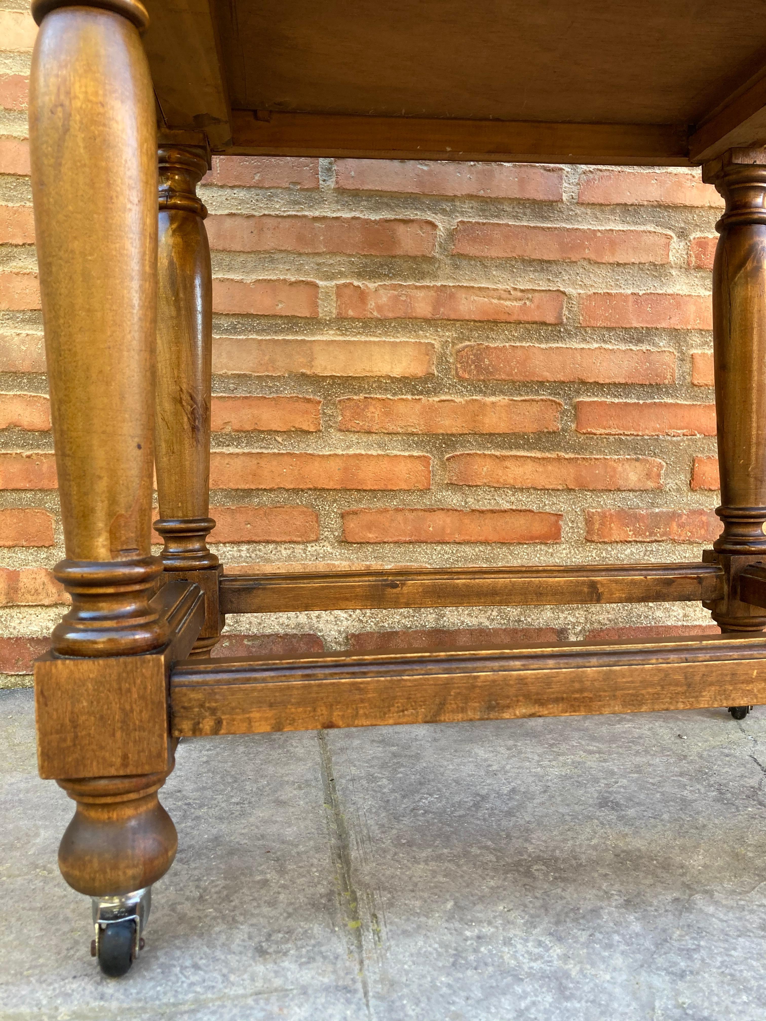 French Walnut Side Table with Drawer, Carved Arches and Column Legs with Wheels, 6