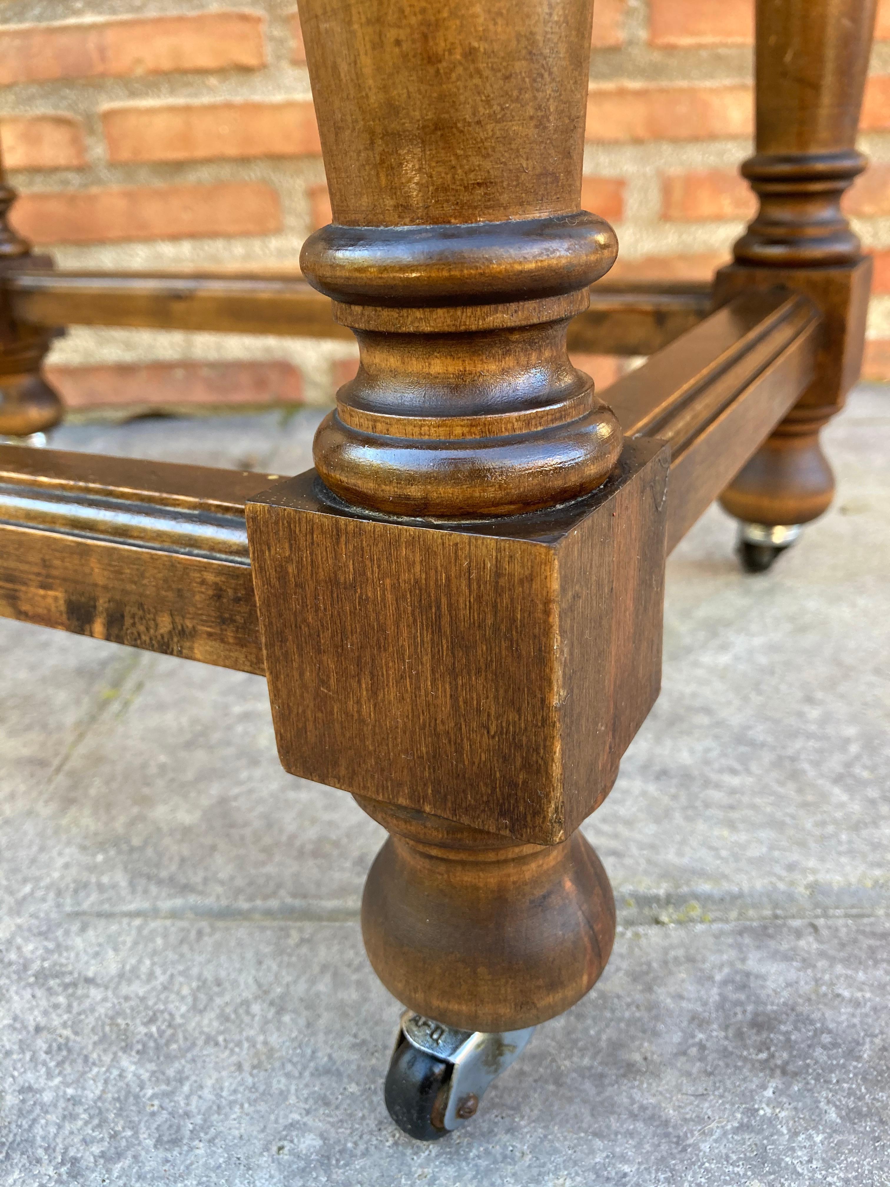 French Walnut Side Table with Drawer, Carved Arches and Column Legs with Wheels, 7