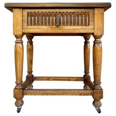 French Walnut Side Table with Drawer, Carved Arches and Column Legs with Wheels,