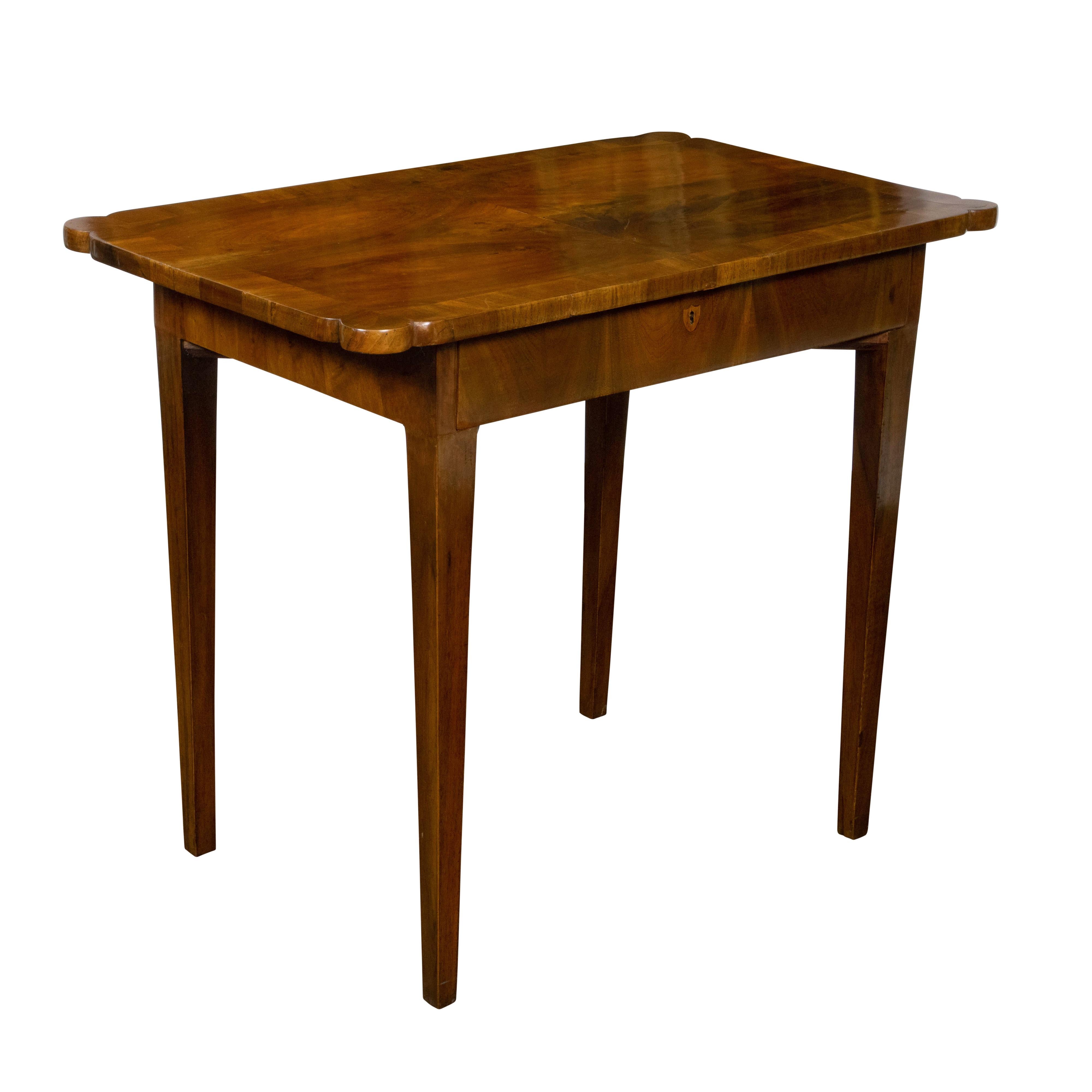 French Walnut Side Table with Quarter Veneer, Single Drawer and Tapered Legs In Good Condition In Atlanta, GA