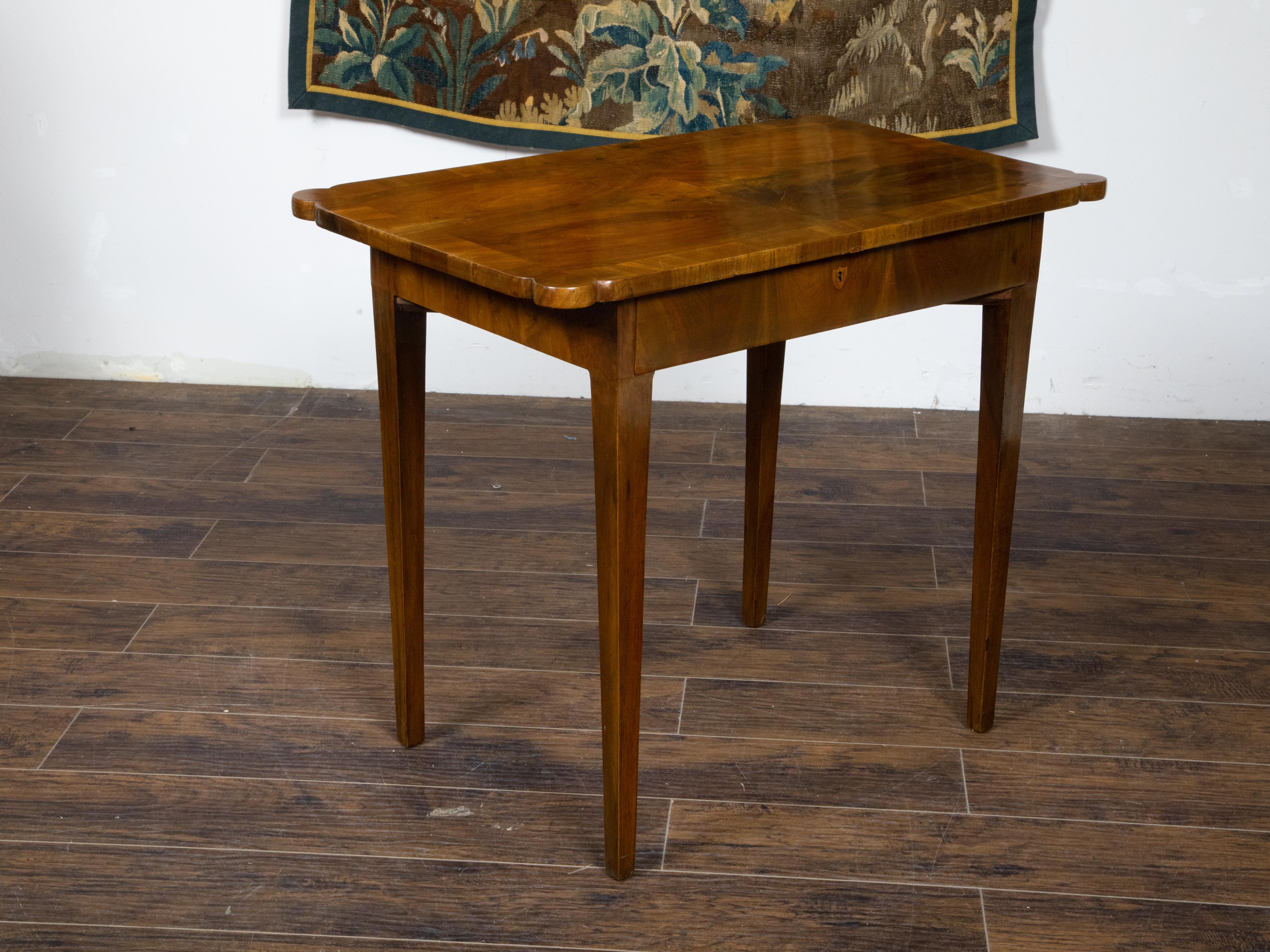 19th Century French Walnut Side Table with Quarter Veneer, Single Drawer and Tapered Legs