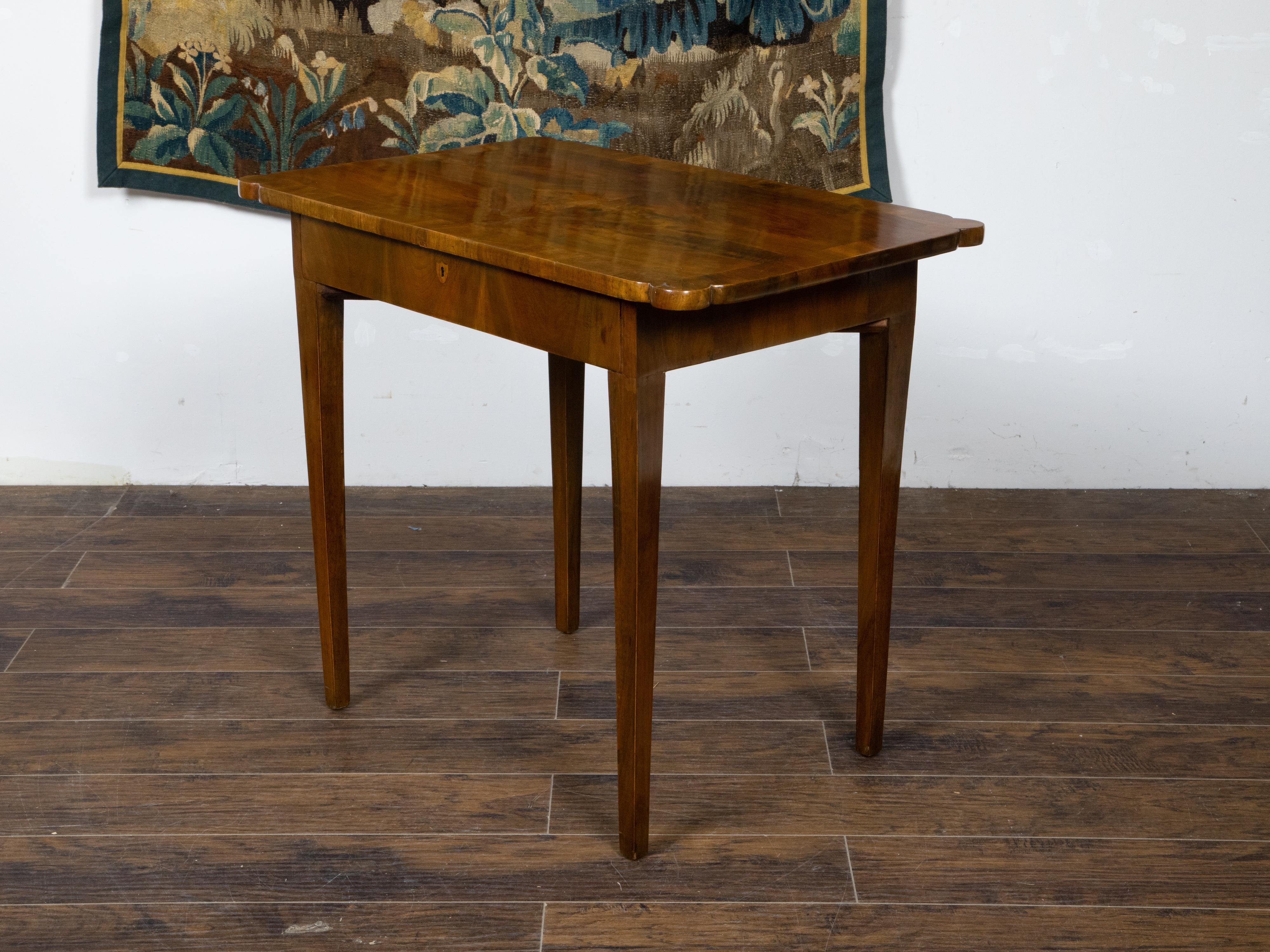 French Walnut Side Table with Quarter Veneer, Single Drawer and Tapered Legs 4