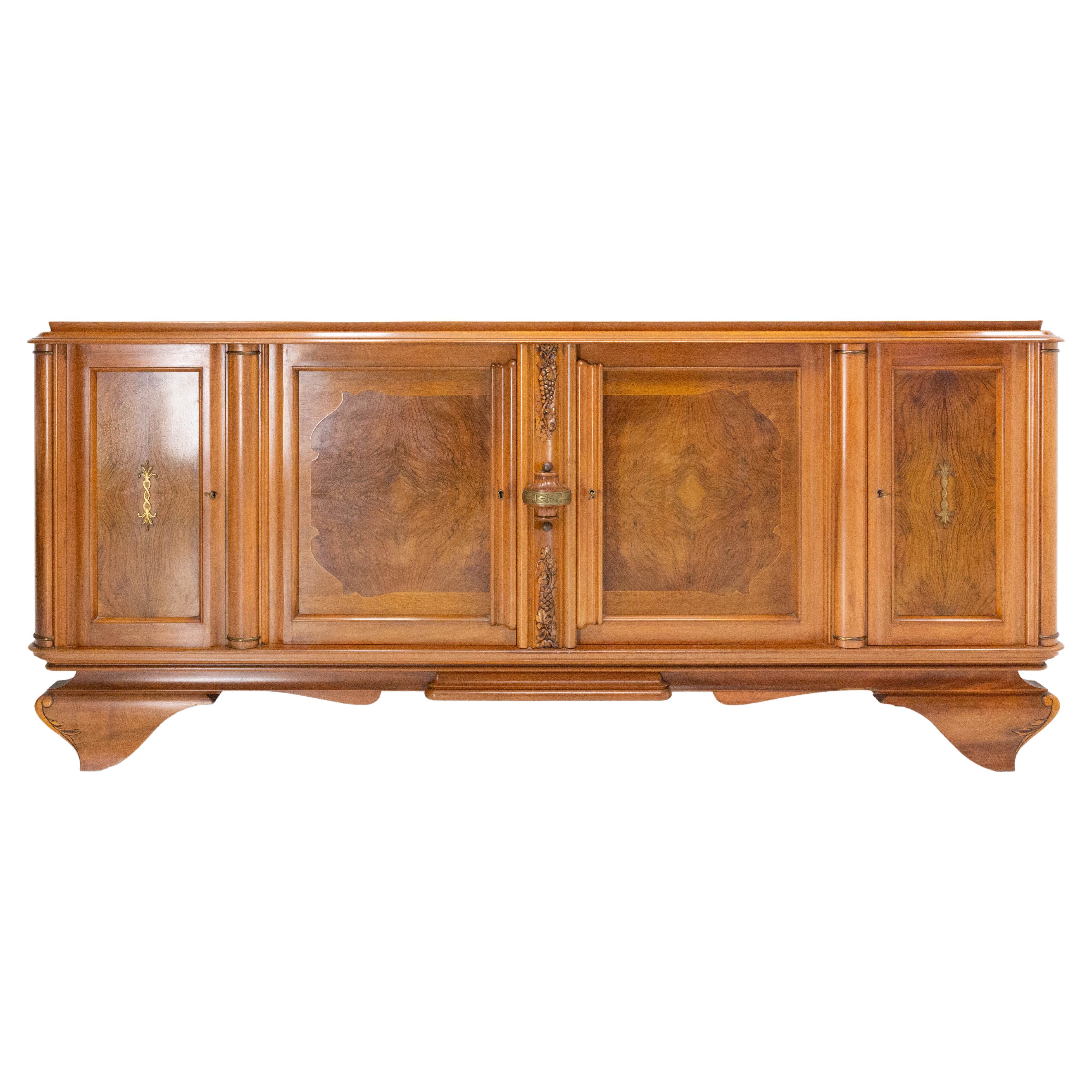 French Walnut Sideboard Credenza Buffet Four Doors Midcentury