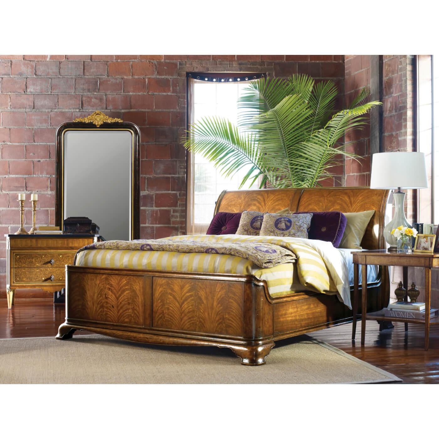 European French Walnut Sleigh Bed, King