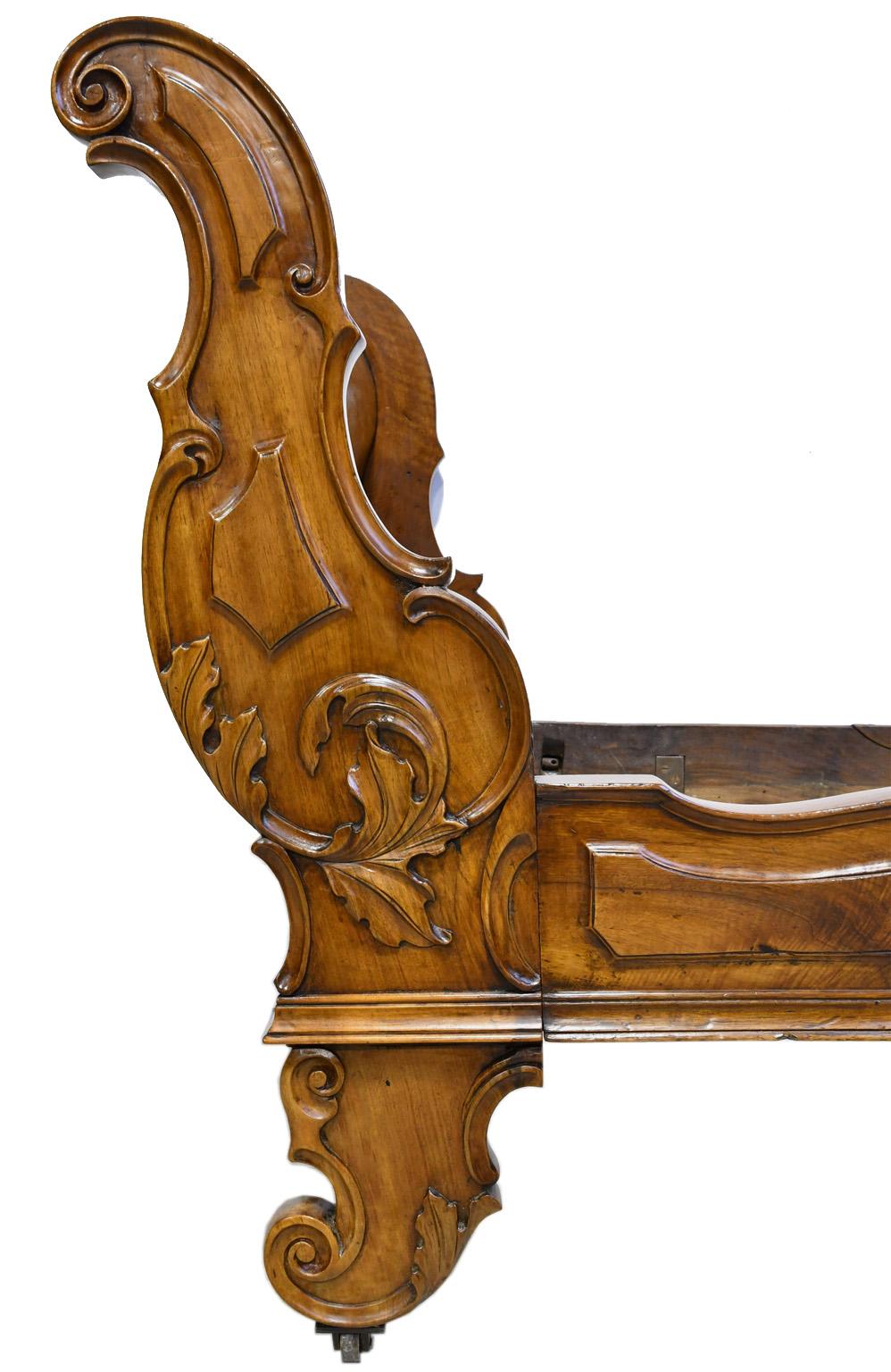 French Provincial French Walnut Sleigh Day Bed with Articulated Carvings in a Provincial Style