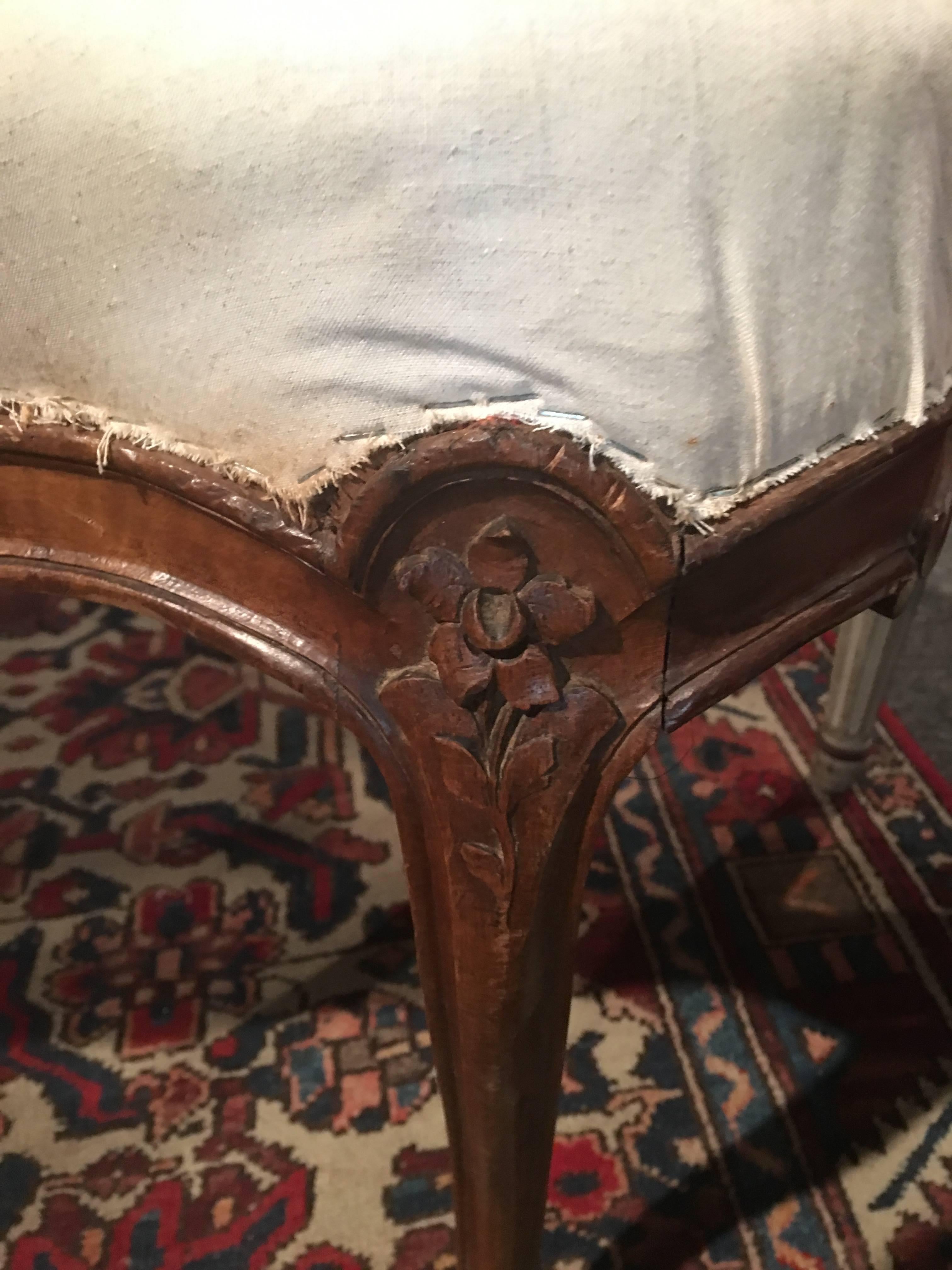 Oak French Walnut Stool with Hoof Feet and Decorative Carvings, 19th Century For Sale