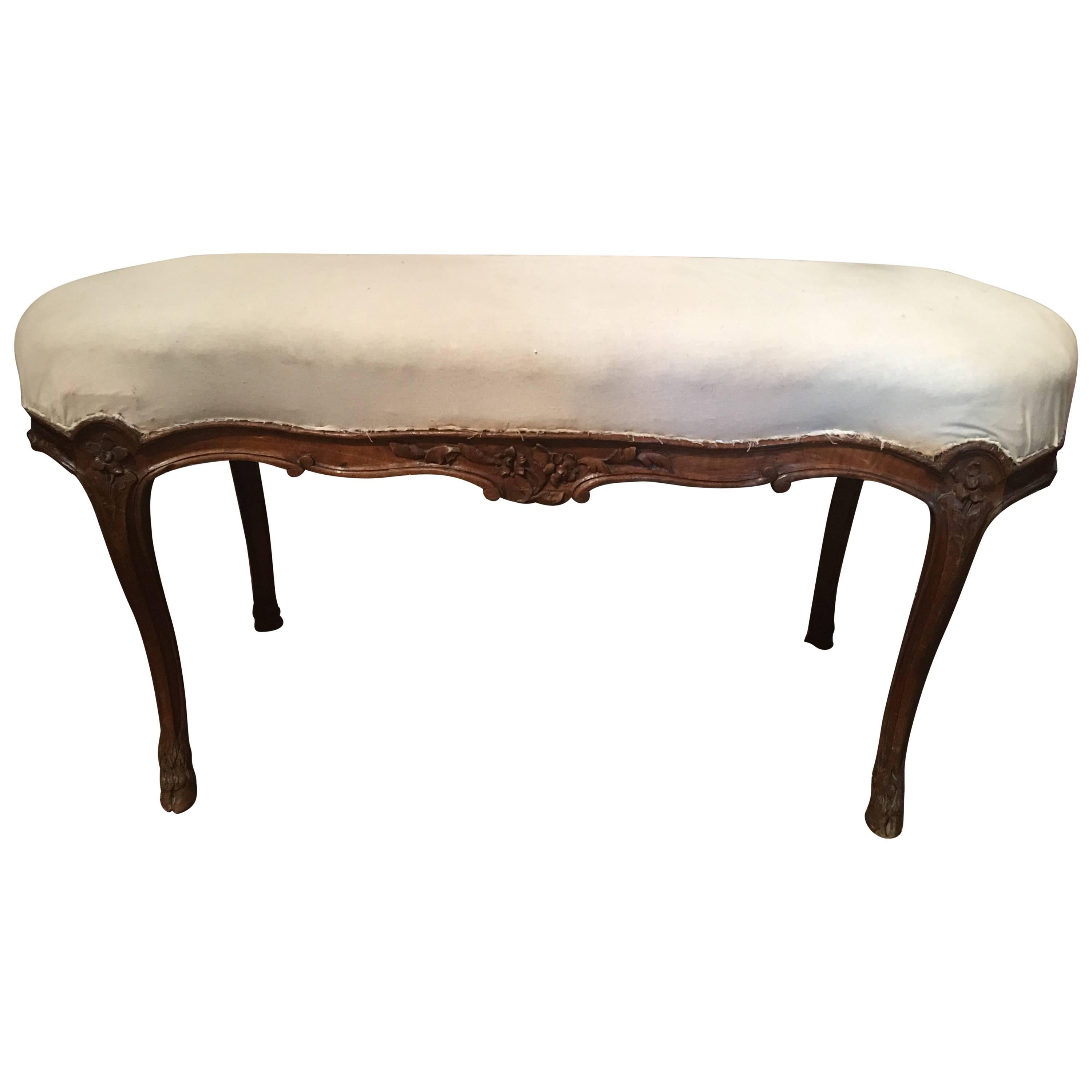 French Walnut Stool with Hoof Feet and Decorative Carvings, 19th Century