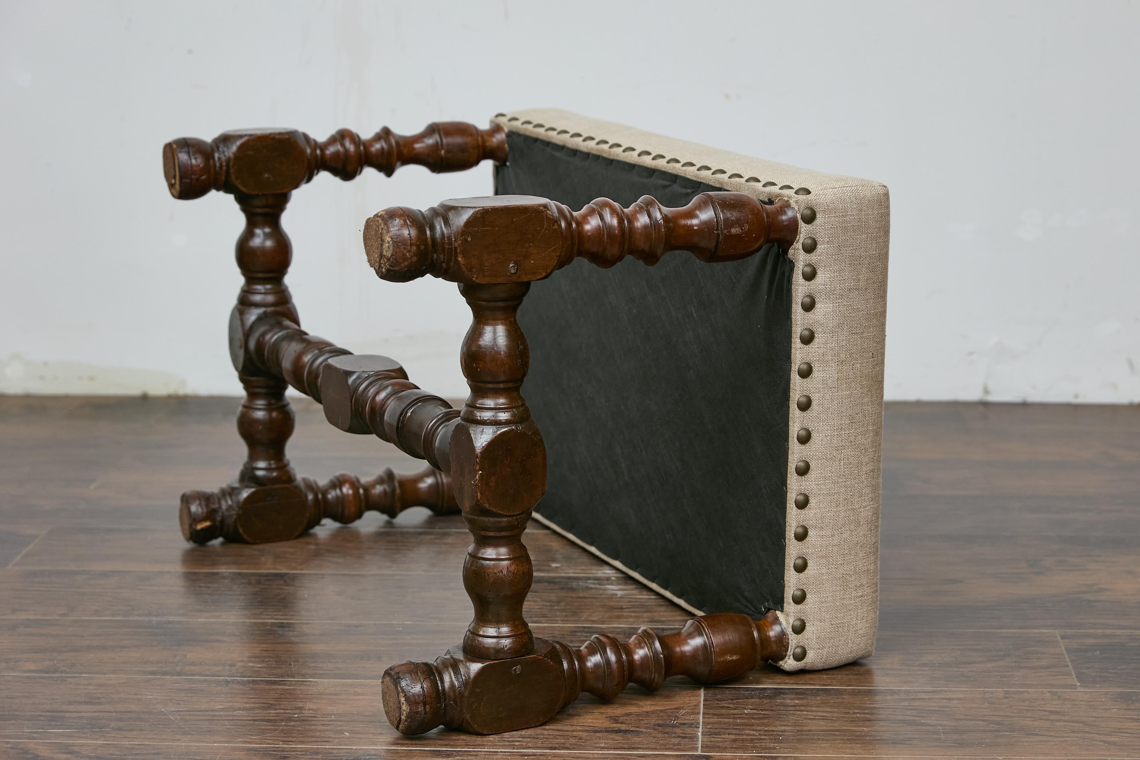 French Walnut Stool with Turned Legs, Linen Upholstery, and Nailhead Trim 5