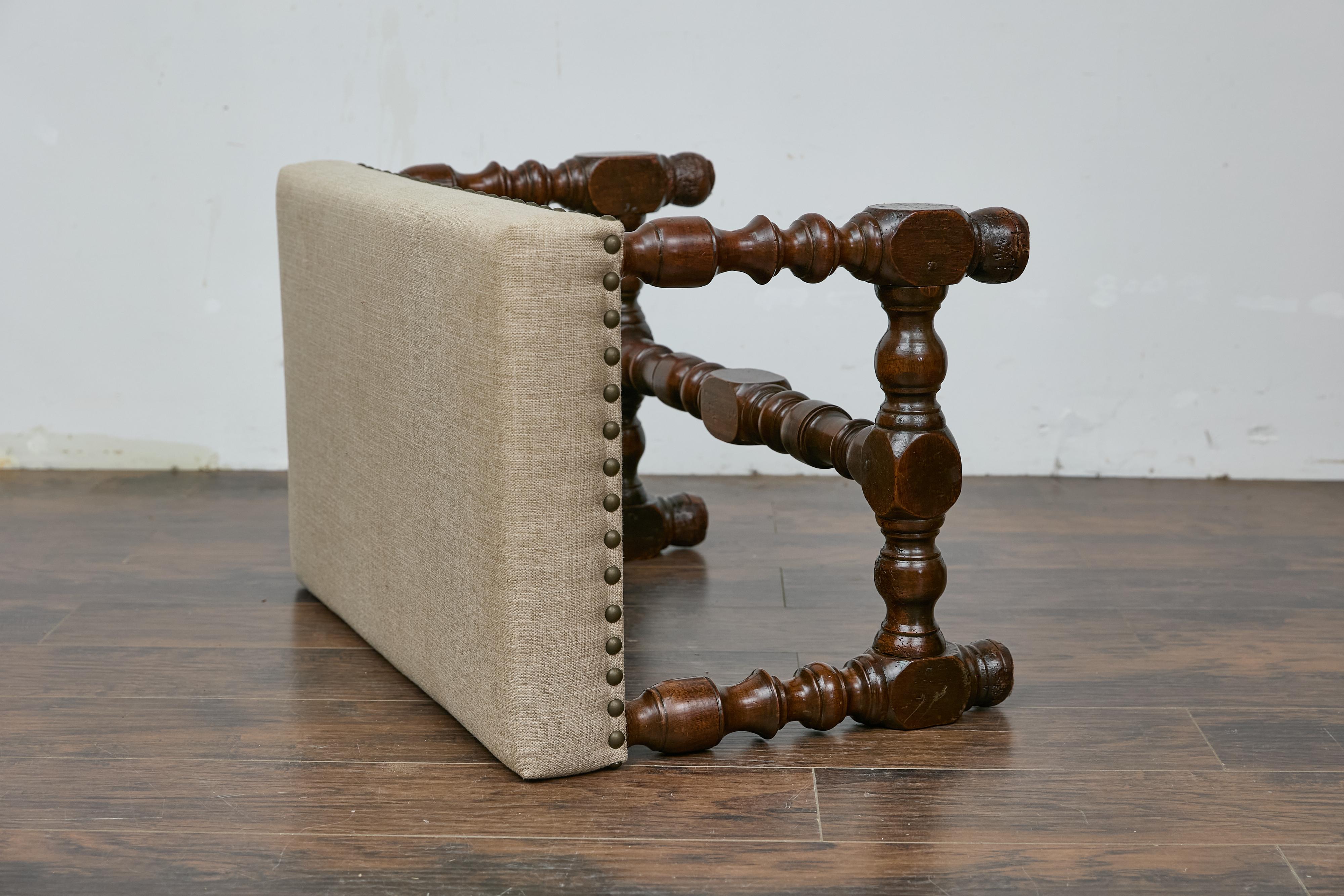 French Walnut Stool with Turned Legs, Linen Upholstery, and Nailhead Trim 7