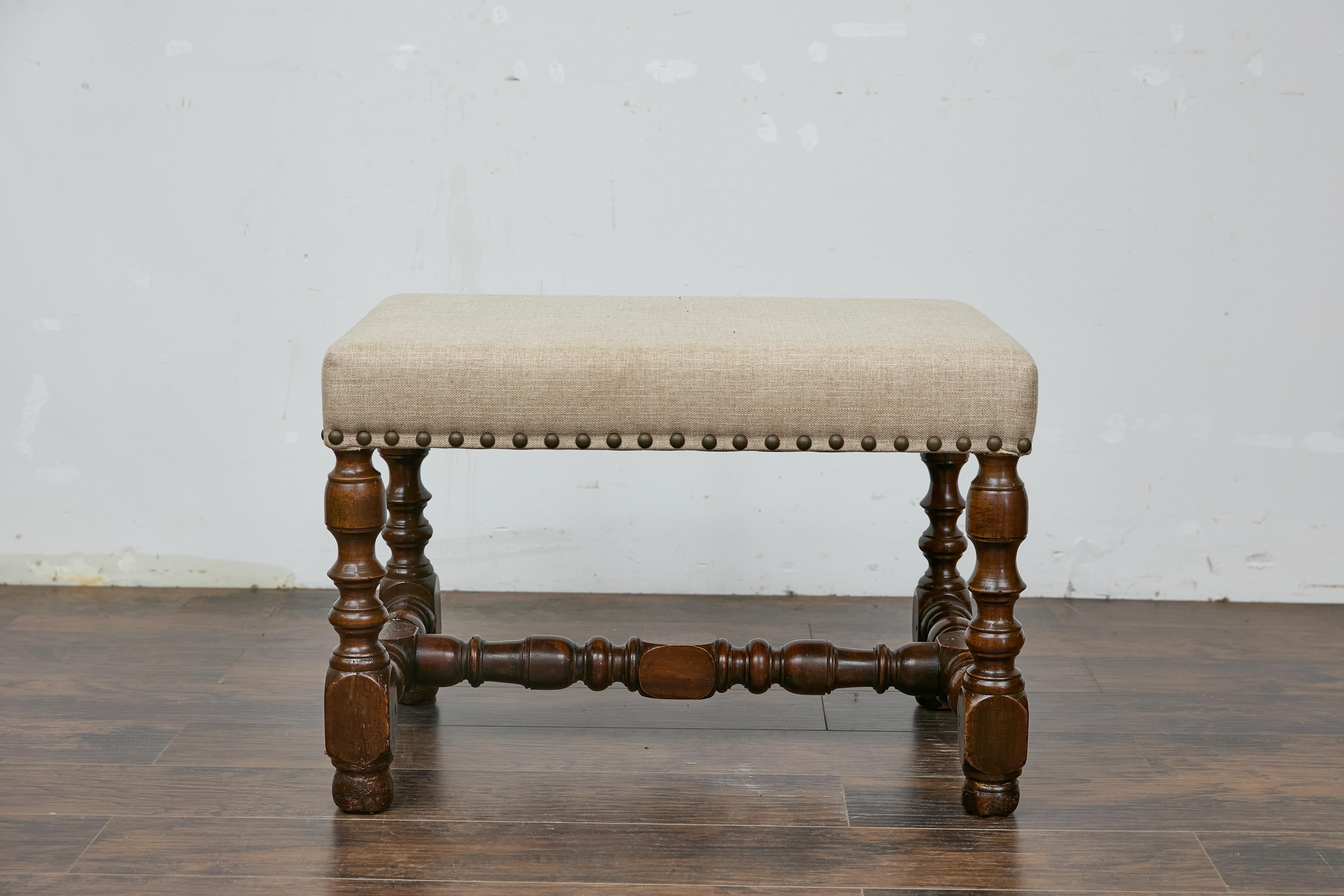 French Walnut Stool with Turned Legs, Linen Upholstery, and Nailhead Trim 8