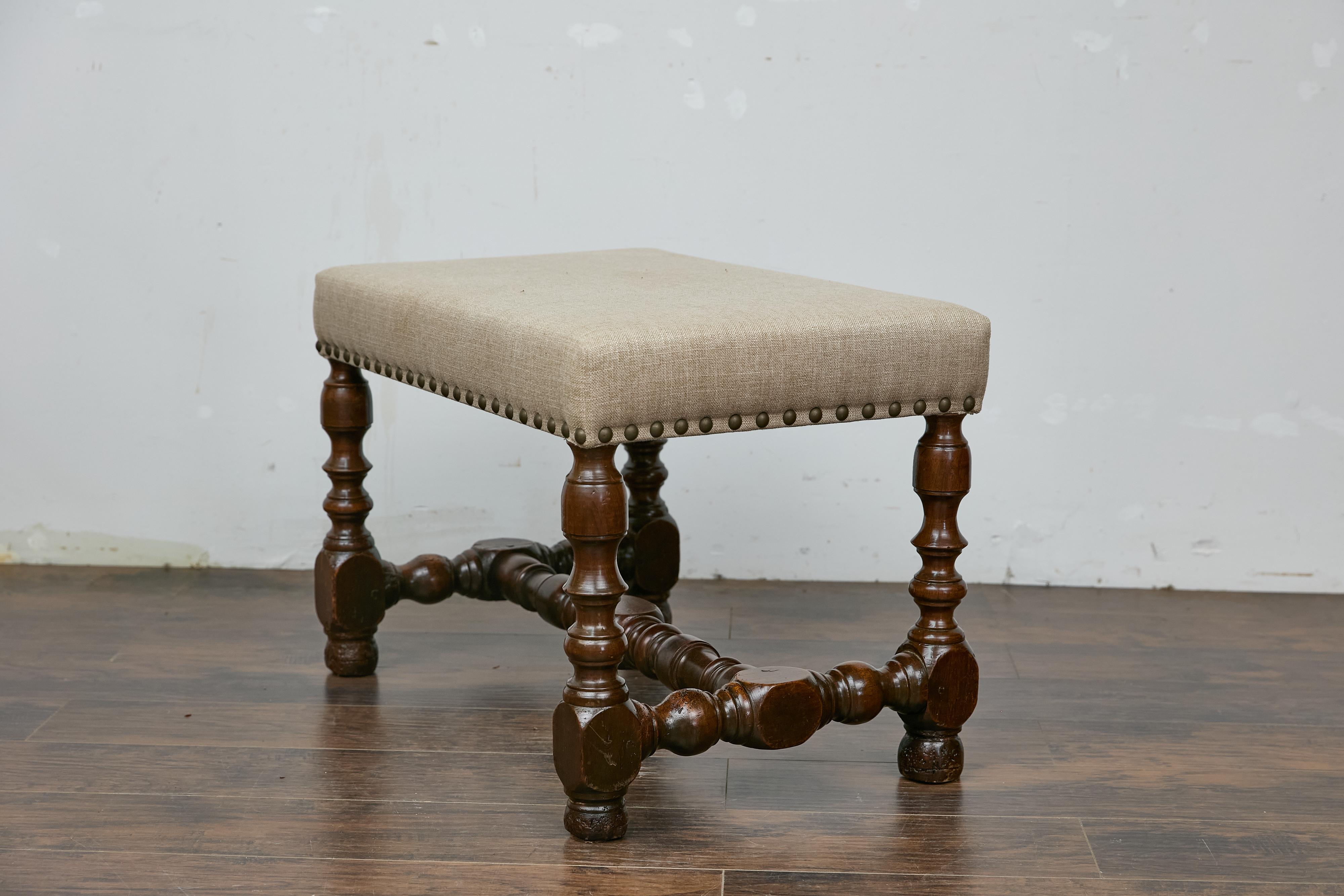 French Walnut Stool with Turned Legs, Linen Upholstery, and Nailhead Trim In Good Condition In Atlanta, GA