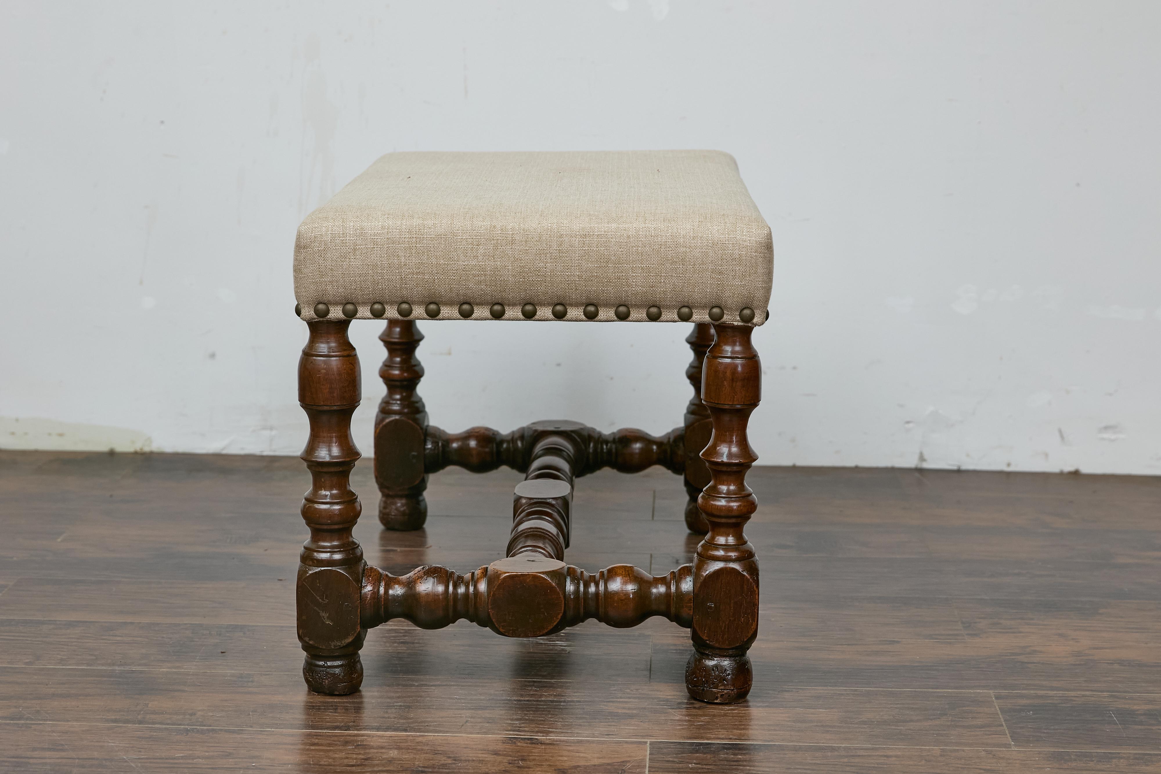 19th Century French Walnut Stool with Turned Legs, Linen Upholstery, and Nailhead Trim
