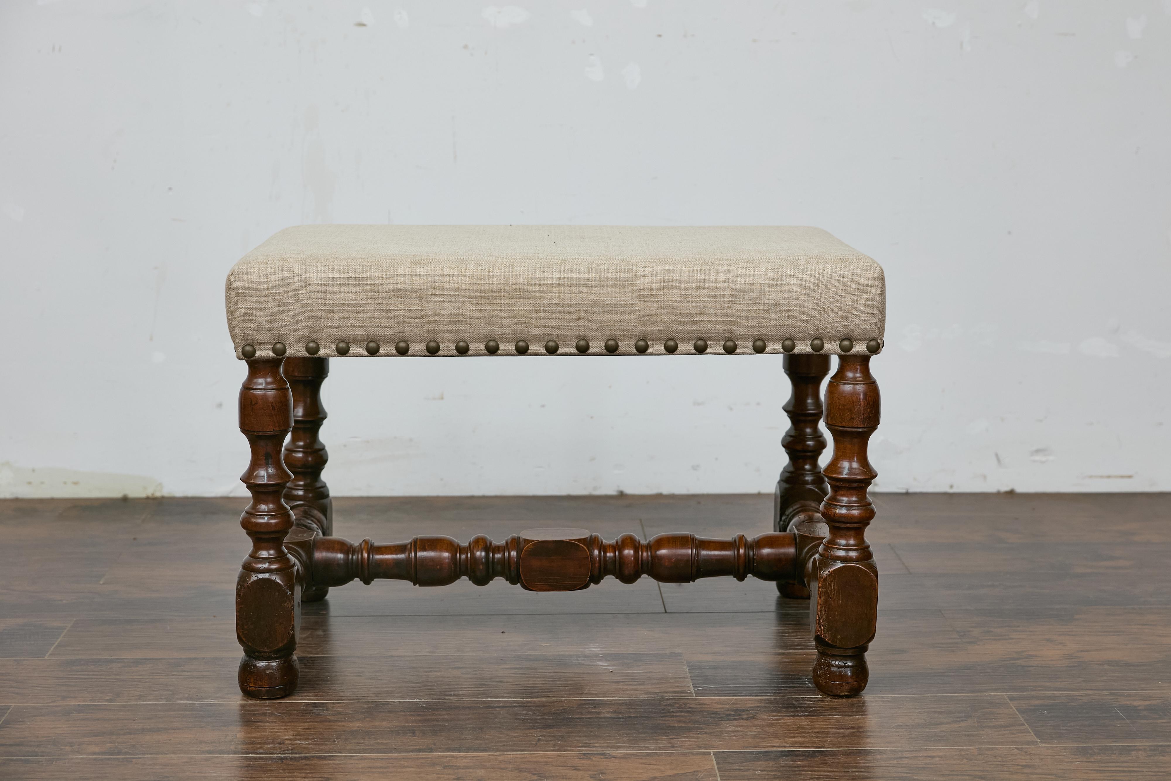 French Walnut Stool with Turned Legs, Linen Upholstery, and Nailhead Trim 1