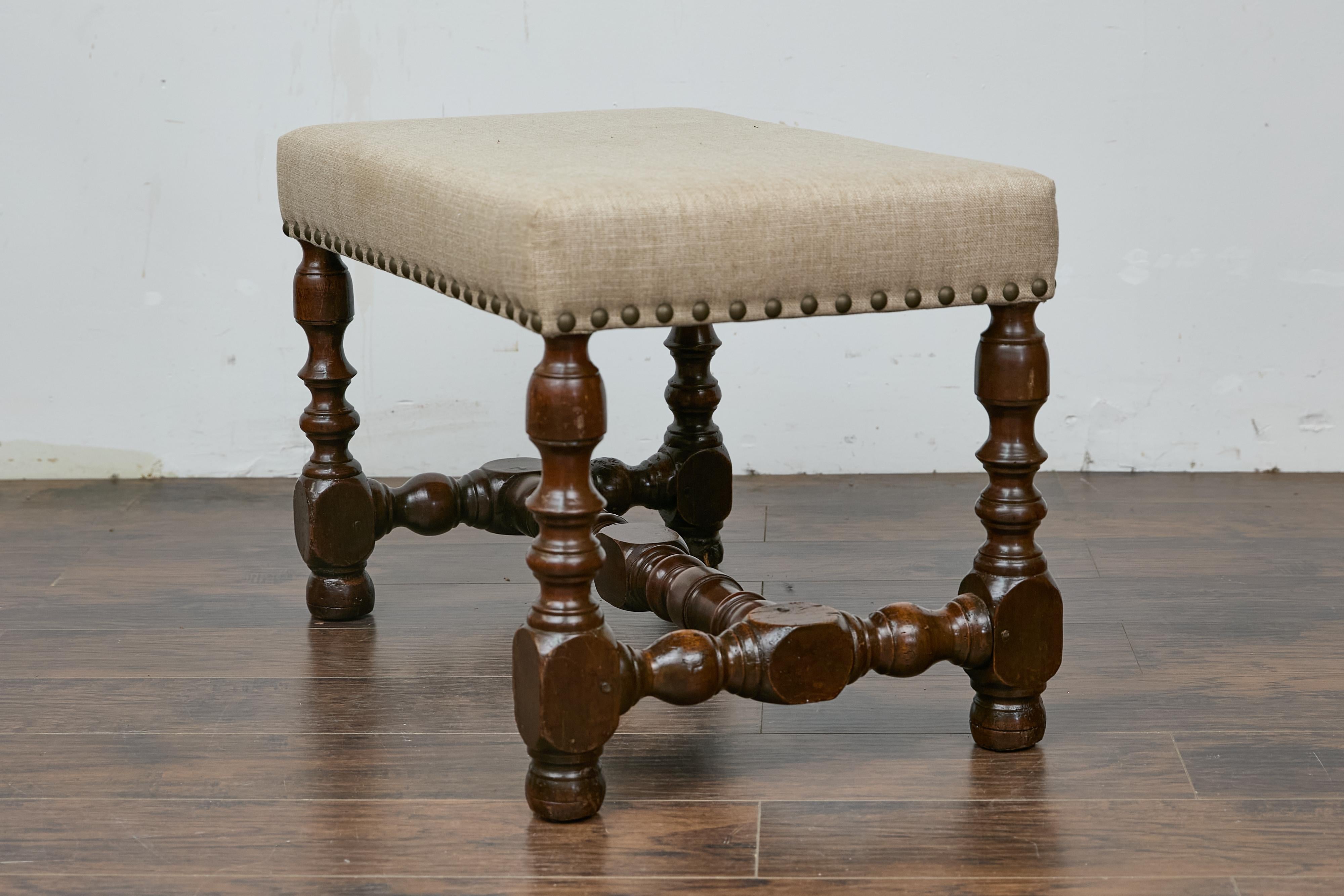 French Walnut Stool with Turned Legs, Linen Upholstery, and Nailhead Trim 2