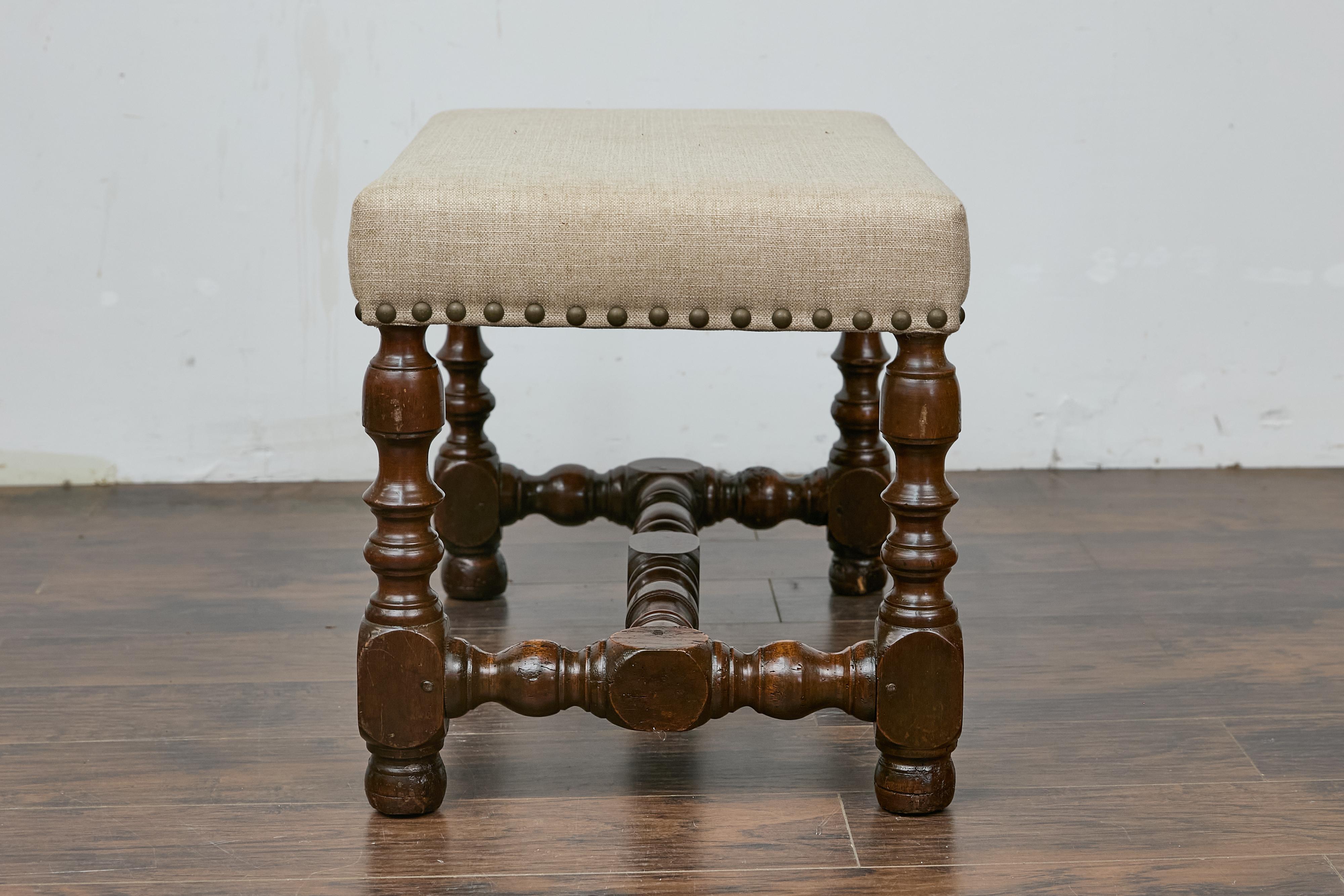 French Walnut Stool with Turned Legs, Linen Upholstery, and Nailhead Trim 3