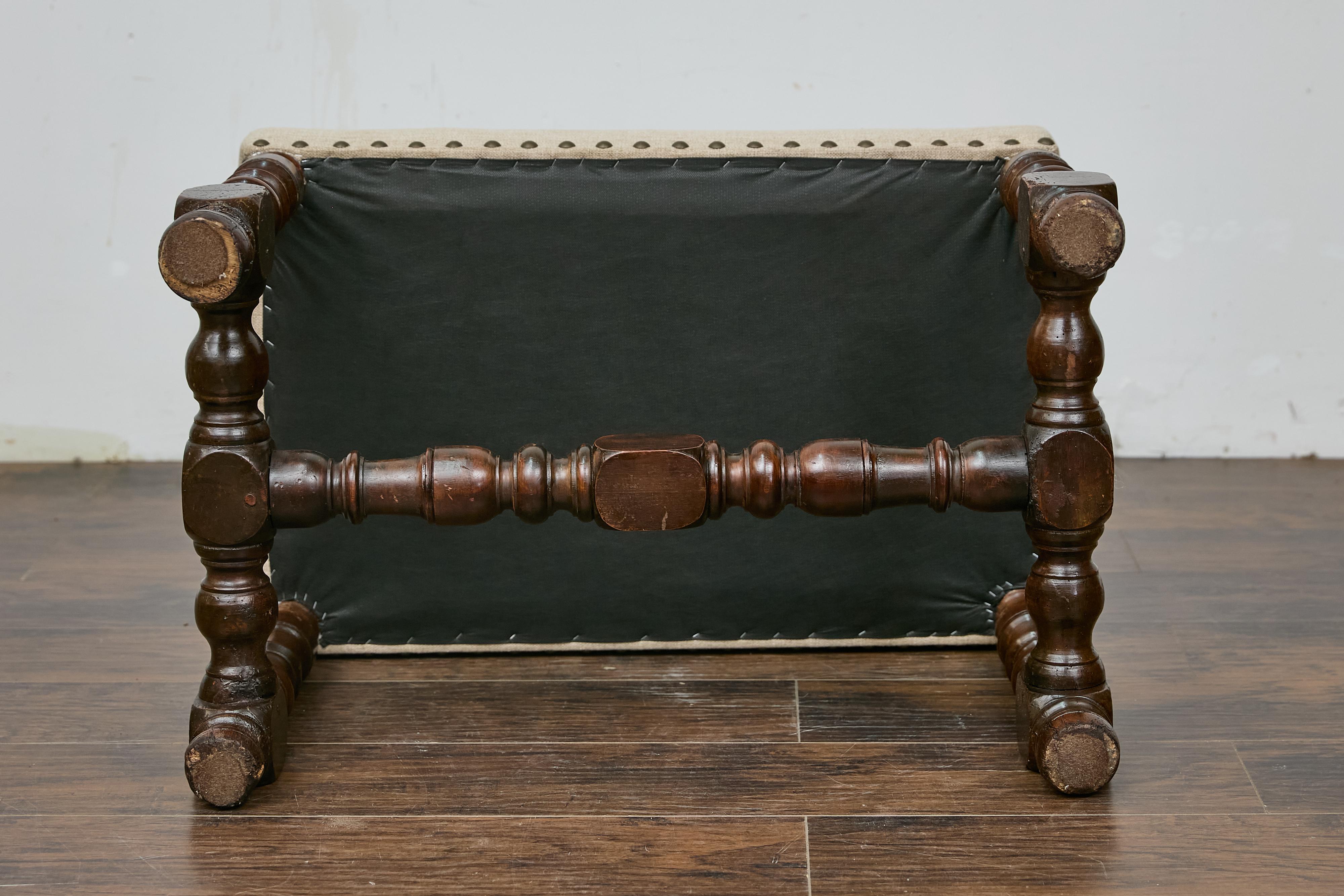 French Walnut Stool with Turned Legs, Linen Upholstery, and Nailhead Trim 4