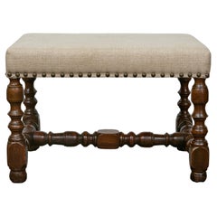 French Walnut Stool with Turned Legs, Linen Upholstery, and Nailhead Trim