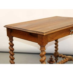 French Walnut Table With Barley Twist Legs and Stretcher, 19th Century