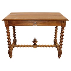 French Walnut Table With Barley Twist Legs and Stretcher, 19th Century