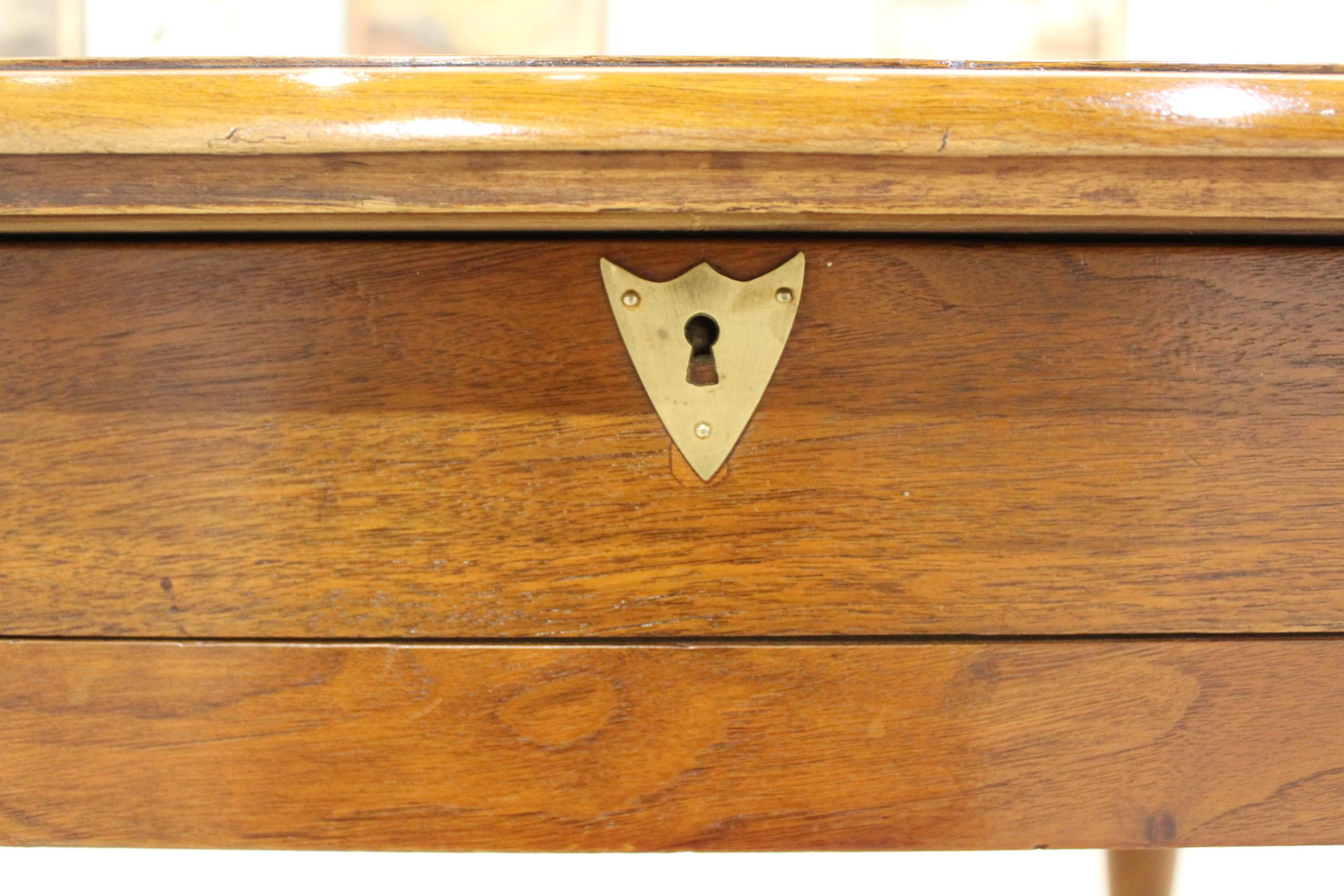 Brass French Walnut Table with Drawers For Sale