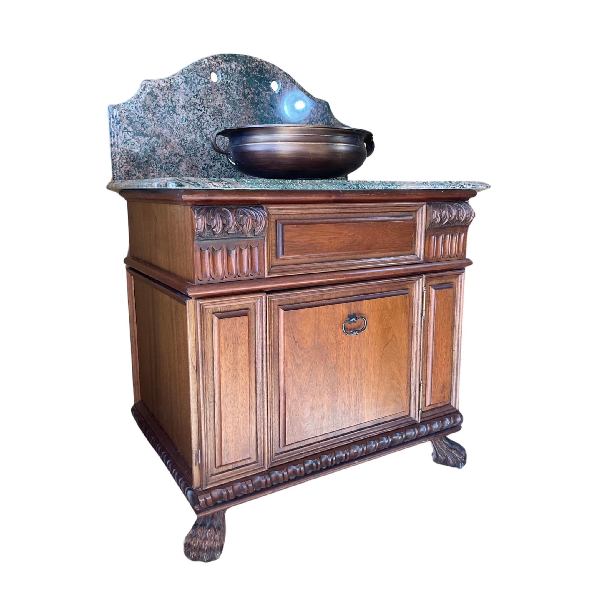 French Walnut Wood and Marble Sink In Good Condition For Sale In Dallas, TX