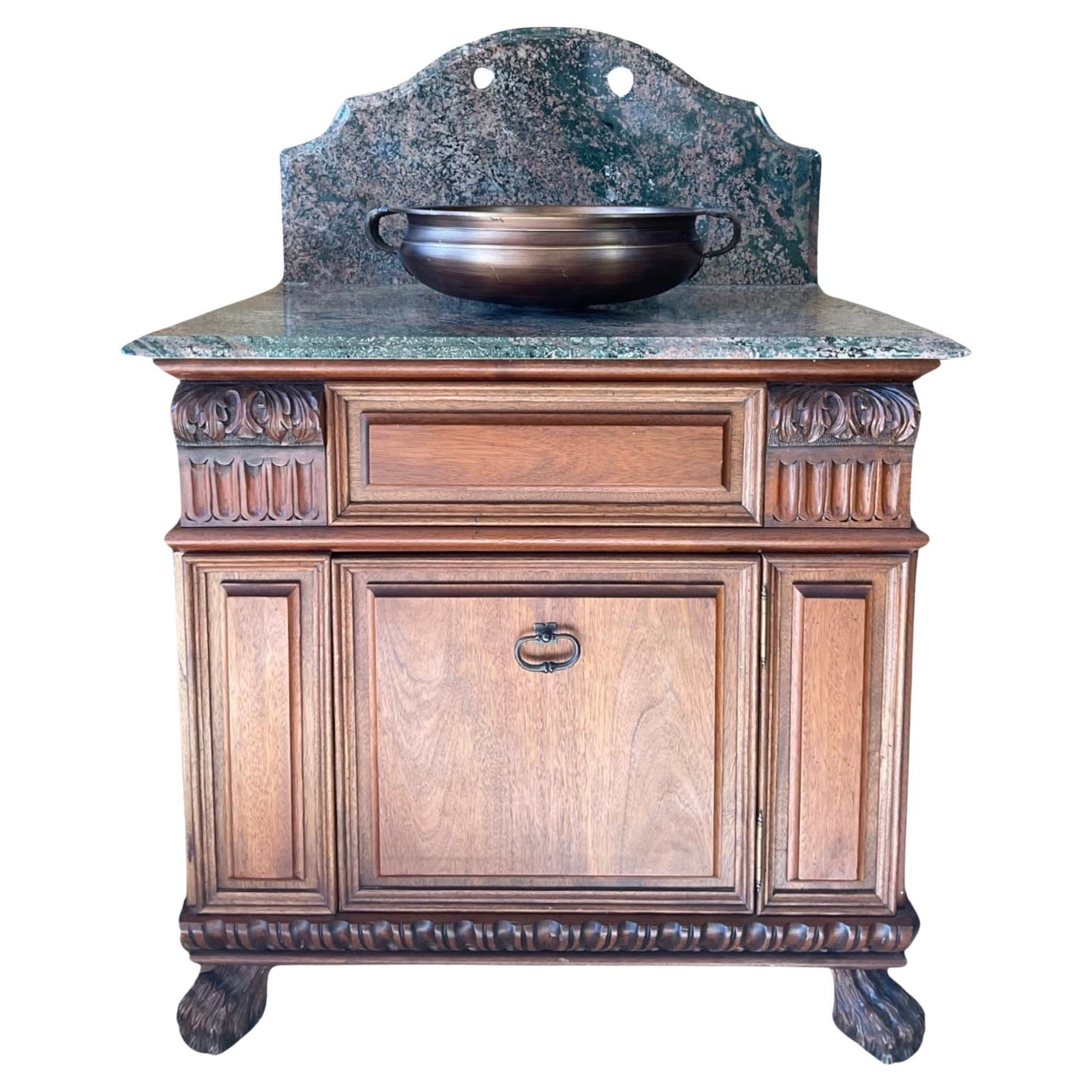 French Walnut Wood and Marble Sink For Sale
