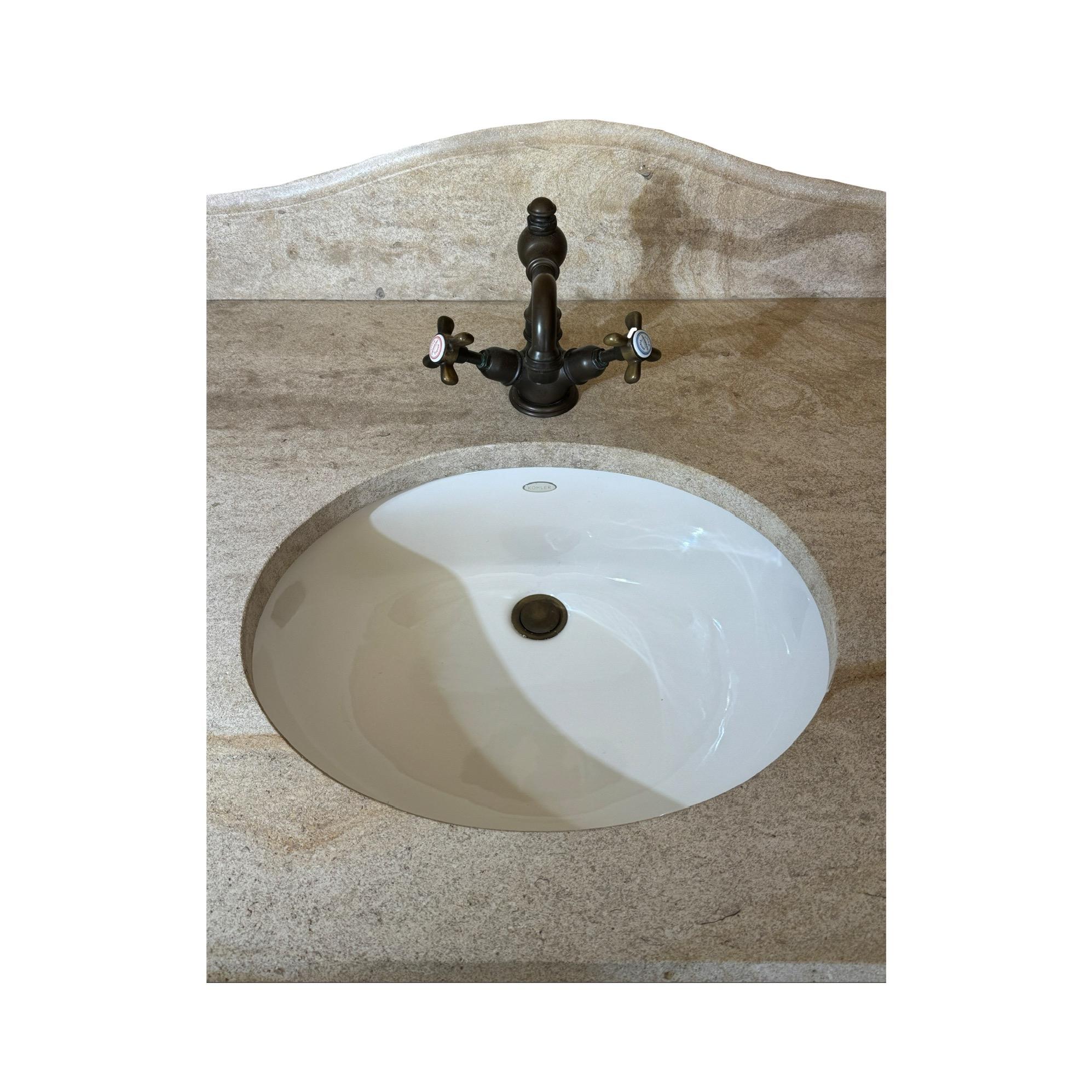 French Walnut Wood and Travertine Stone Sink In Good Condition For Sale In Dallas, TX